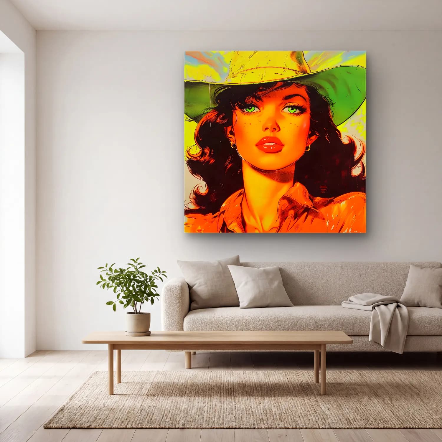 Pop Art Şapkalı Kadın No. 8 cam tablo — açık renk salonda