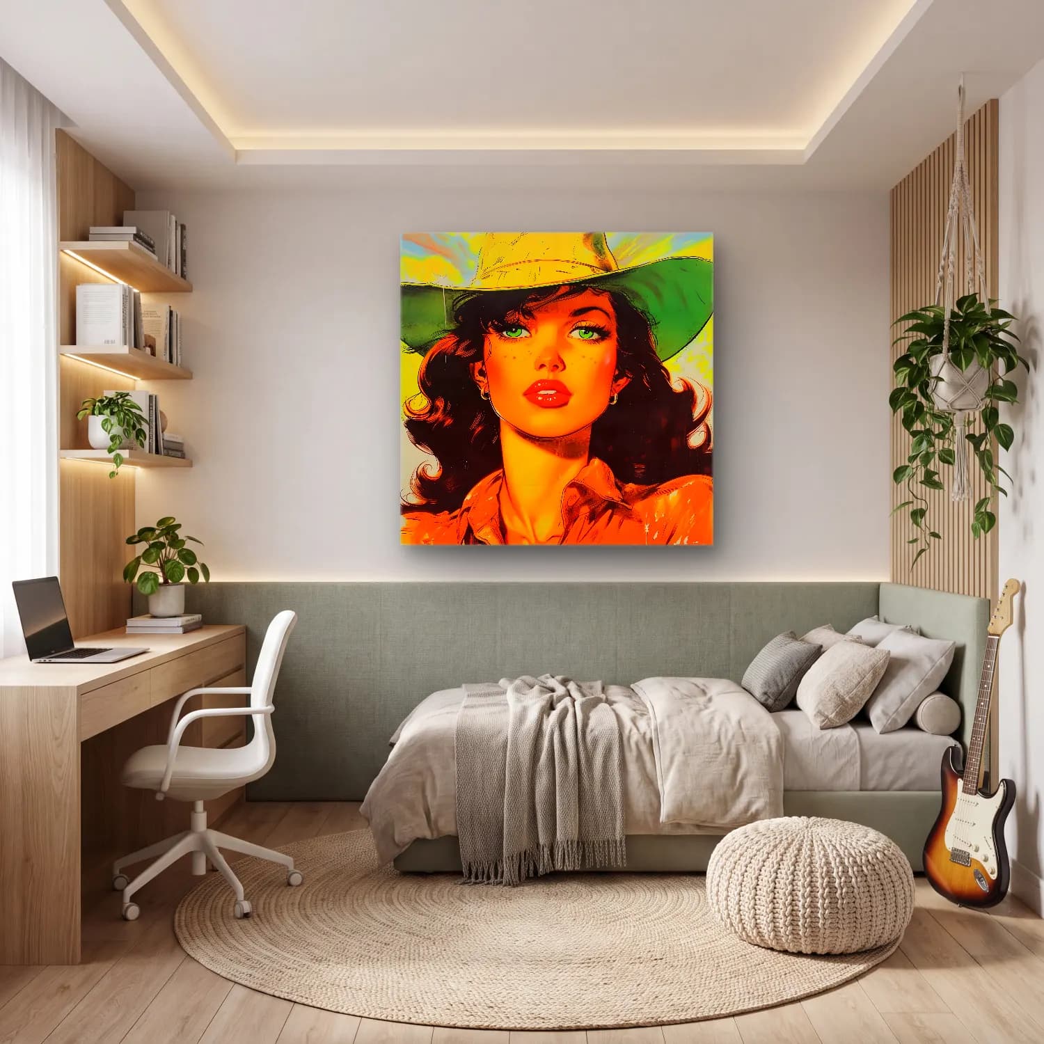Pop Art Şapkalı Kadın No. 8 cam tablo — genç odasında
