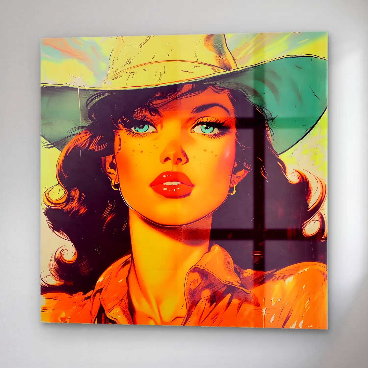 Pop Art Şapkalı Kadın No. 8 cam tablo — sağ açıdan görünüm