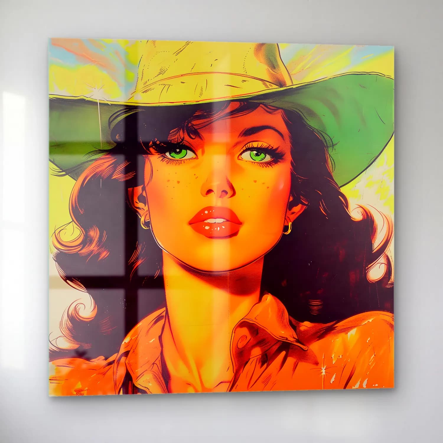Pop Art Şapkalı Kadın No. 8 cam tablo — sol açıdan görünüm