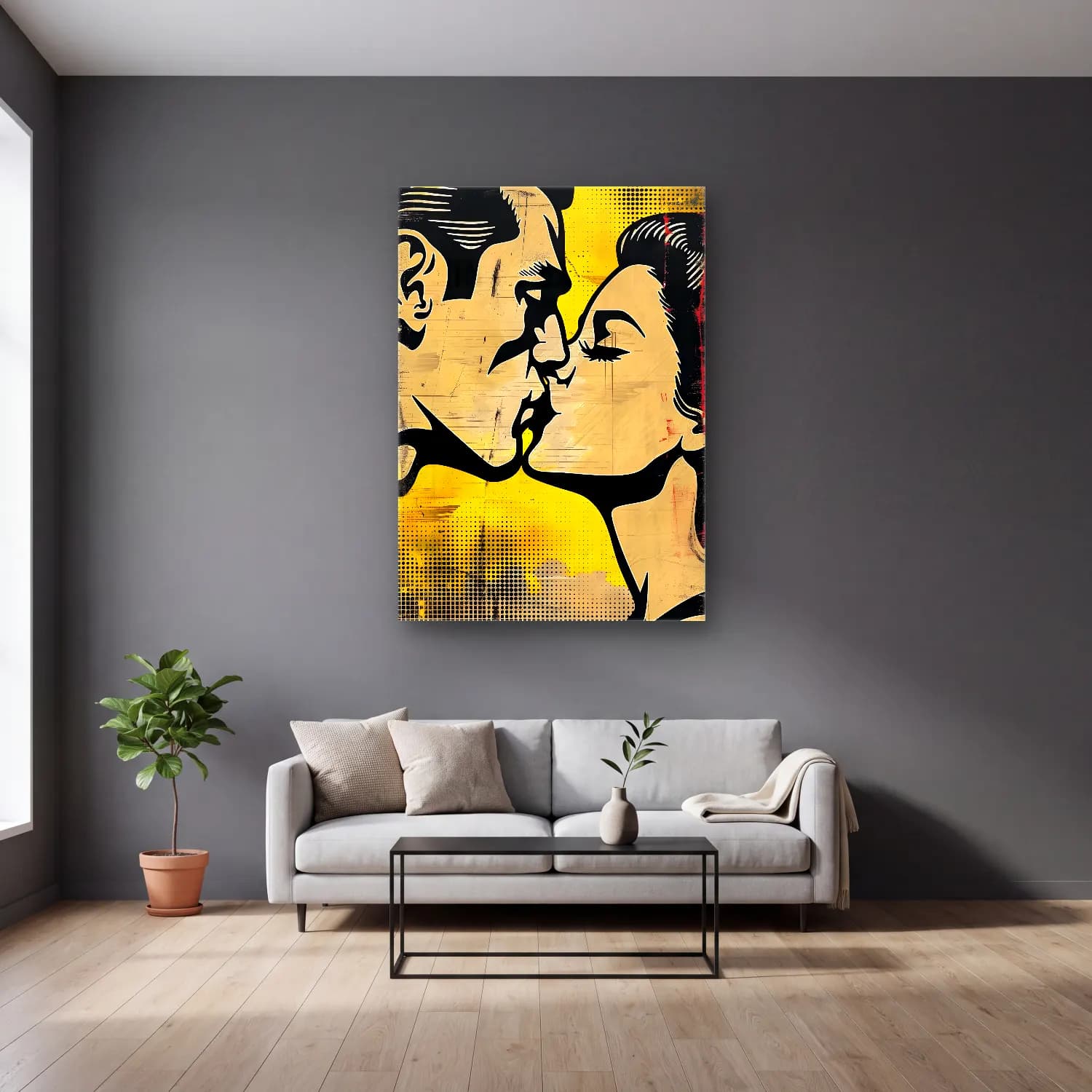 Pop Art Aşıklar – Sarı Tonlar cam tablo — gri duvarlı salonda