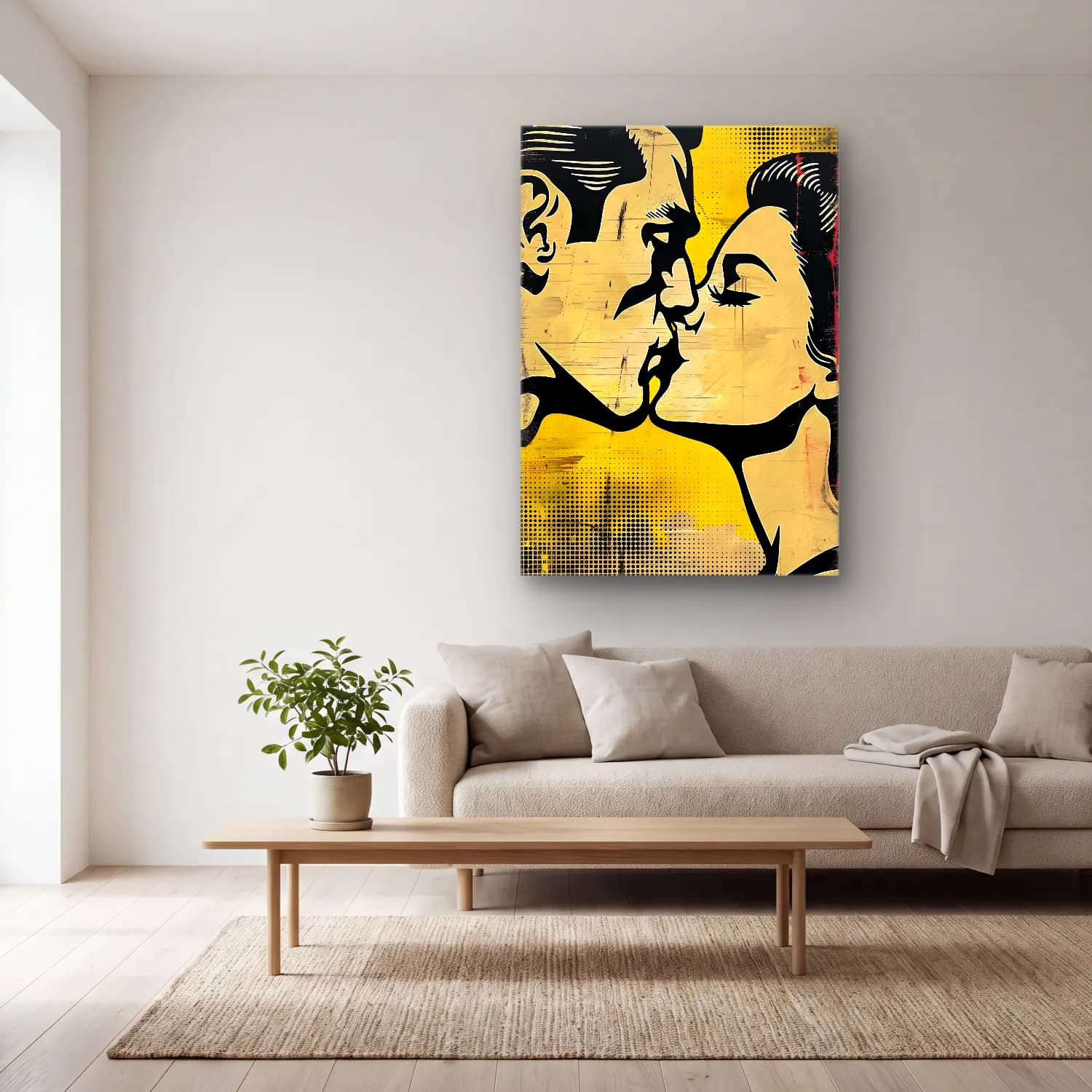 Pop Art Aşıklar – Sarı Tonlar cam tablo — açık renk salonda