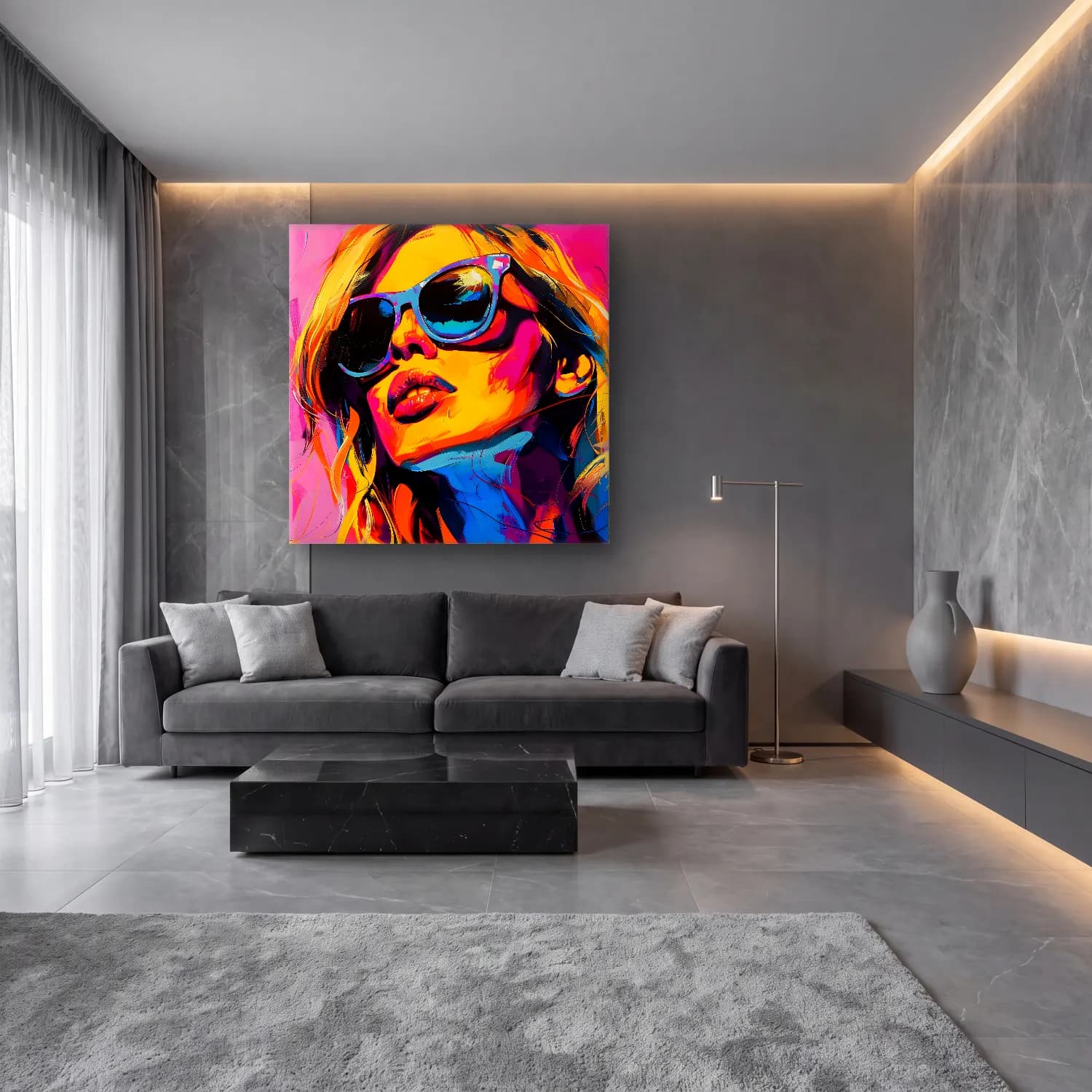 Pop Art Moda İllüstrasyonu No. 34 cam tablo — lüks salon duvarında
