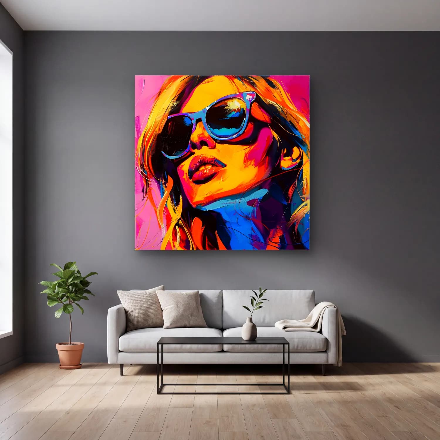 Pop Art Moda İllüstrasyonu No. 34 cam tablo — gri duvarlı salonda