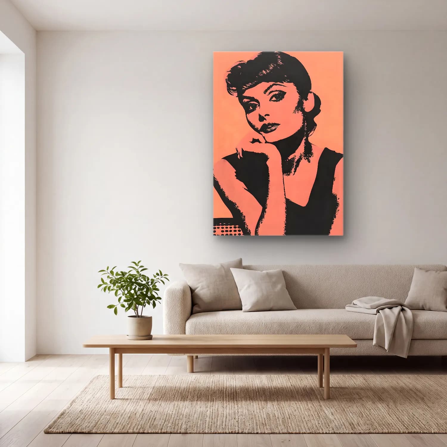 Pop Art Kadın Portresi No. 42 cam tablo — açık renk salonda