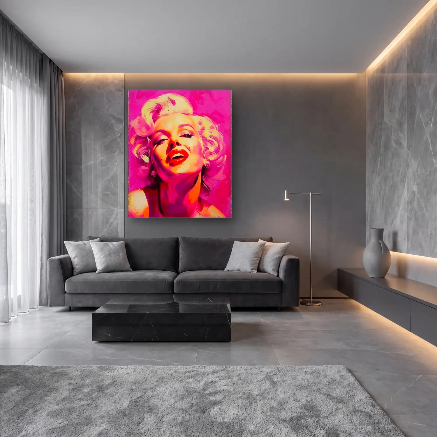 Pop Art Kadın Portresi No. 23 cam tablo — lüks salon duvarında