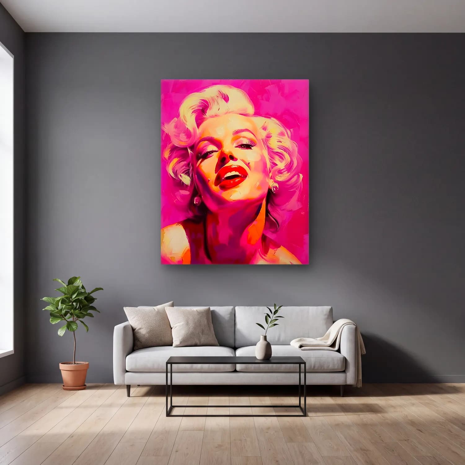 Pop Art Kadın Portresi No. 23 cam tablo — gri duvarlı salonda