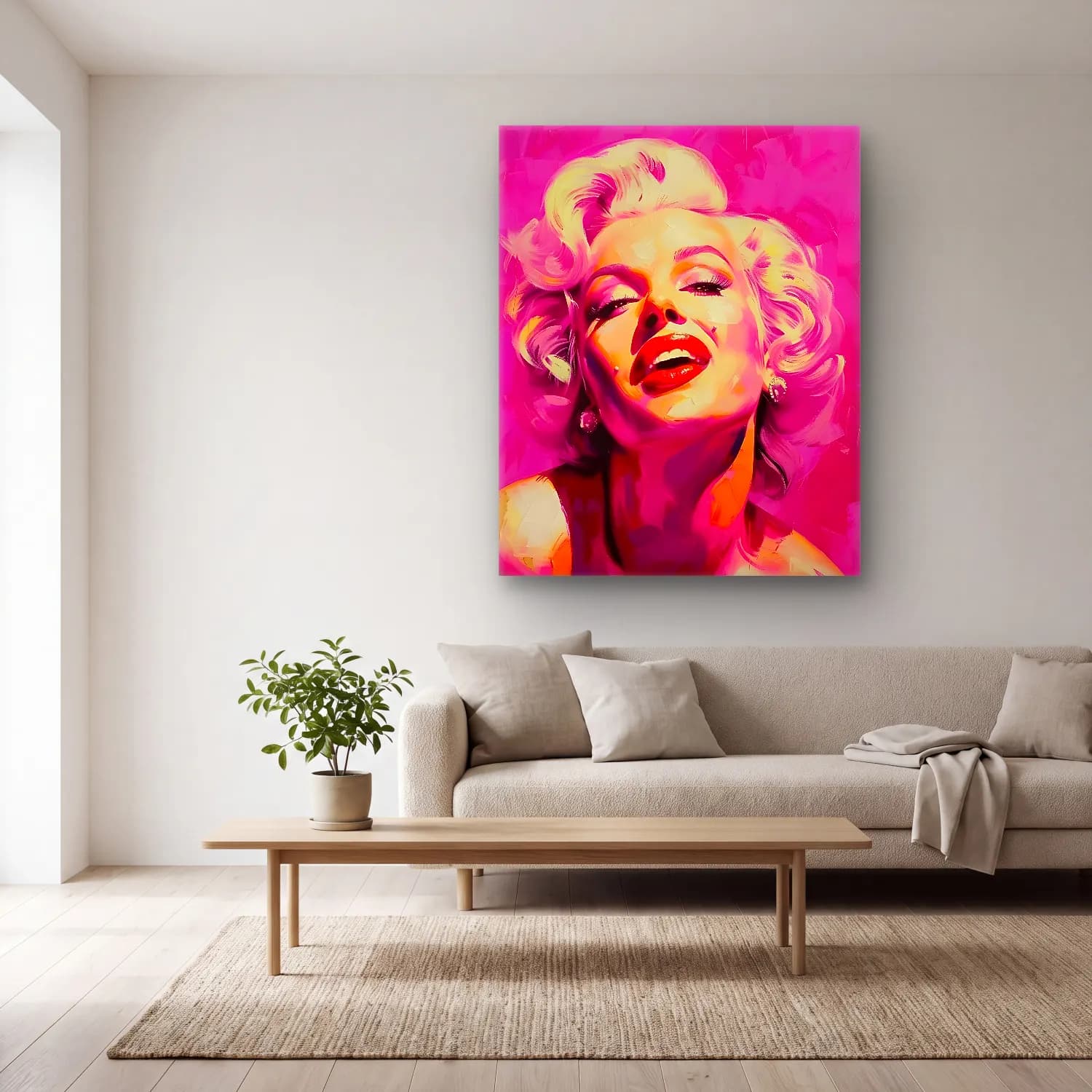 Pop Art Kadın Portresi No. 23 cam tablo — açık renk salonda