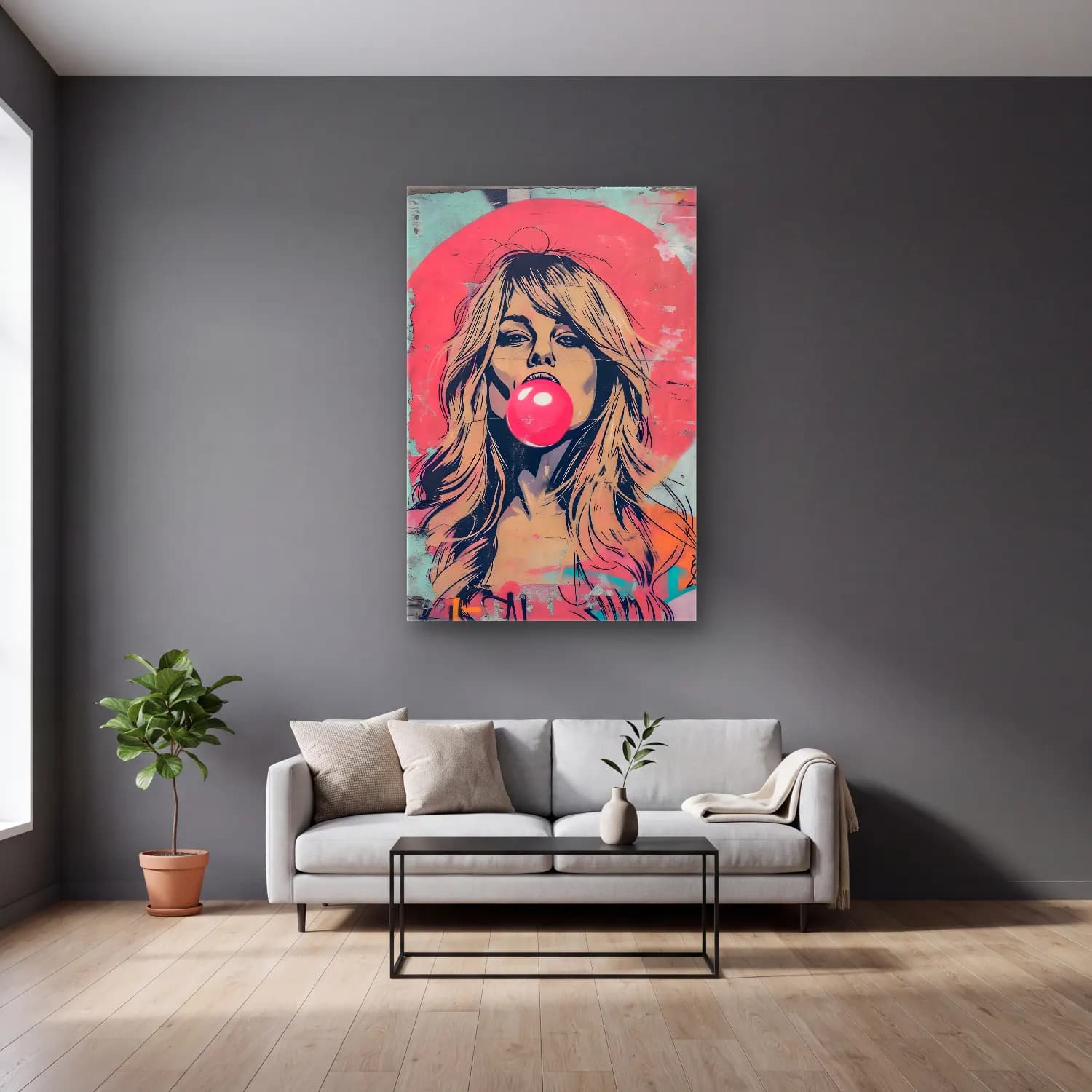 Pop Art Kız Çocuğu Portresi No. 7 cam tablo — gri duvarlı salonda