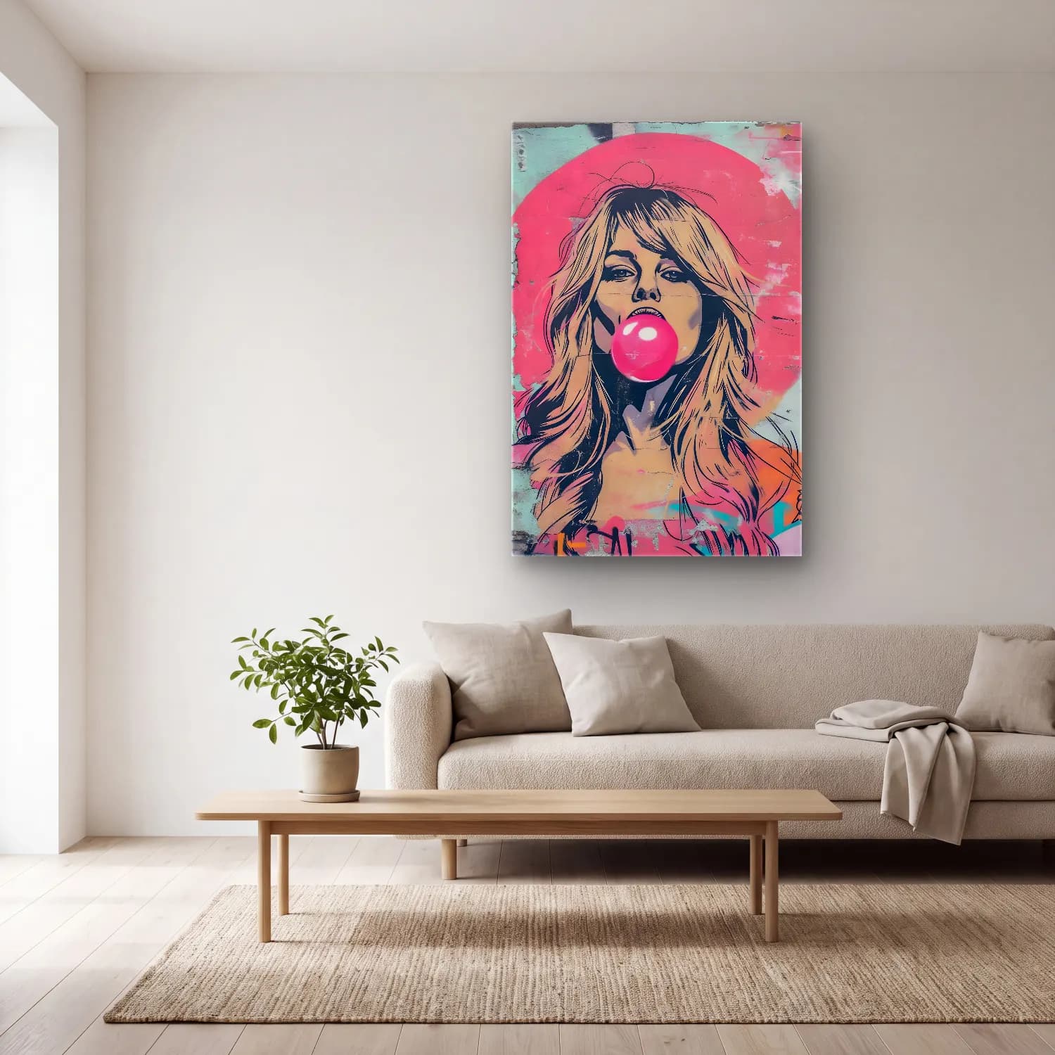 Pop Art Kız Çocuğu Portresi No. 7 cam tablo — açık renk salonda