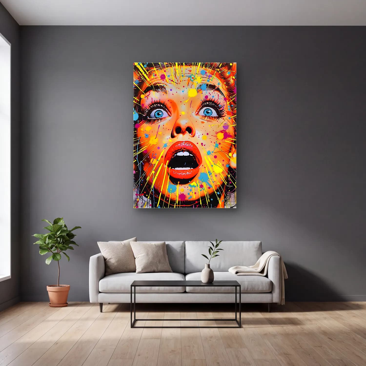 Pop Art Moda İllüstrasyonu No. 19 cam tablo — gri duvarlı salonda