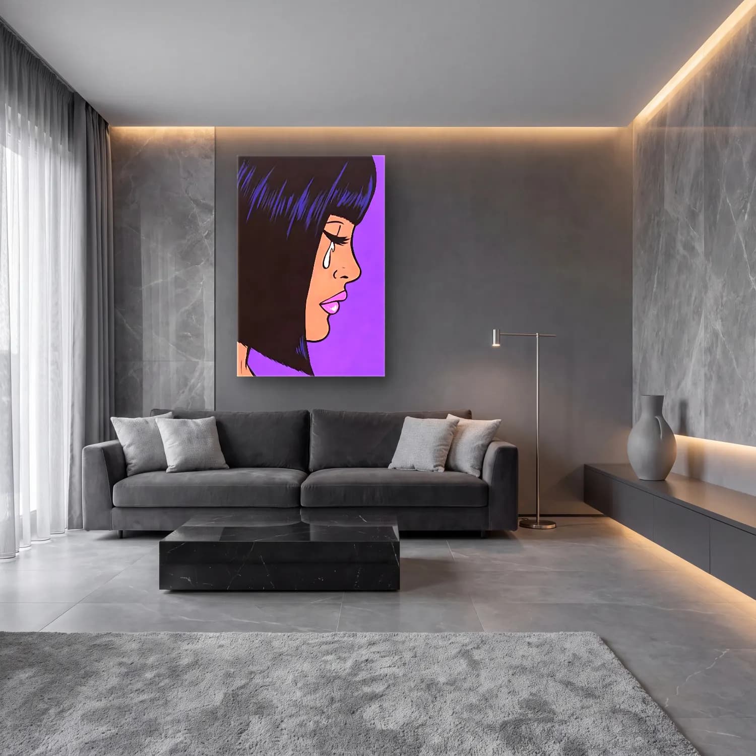 Pop Art Kadın Portresi No. 35 cam tablo — lüks salon duvarında