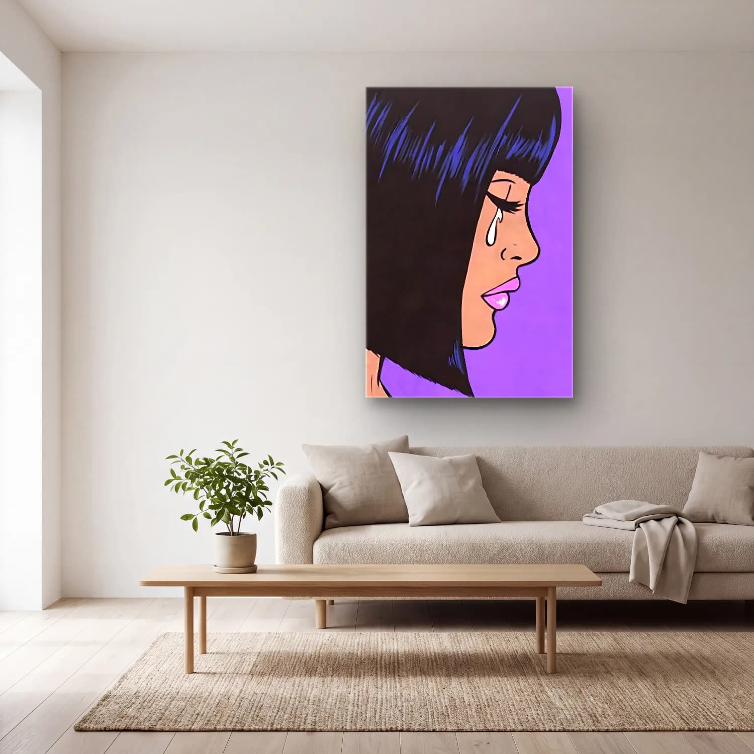 Pop Art Kadın Portresi No. 35 cam tablo — açık renk salonda