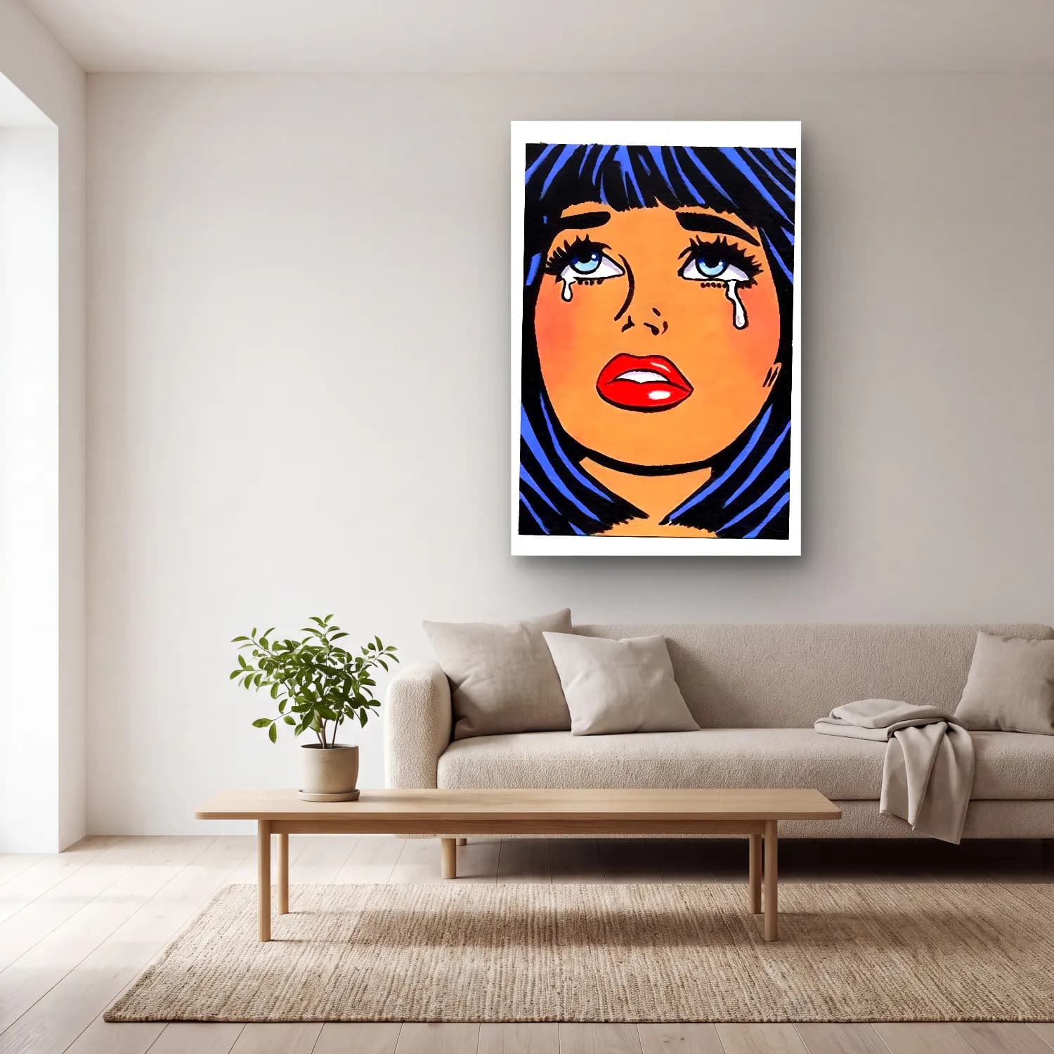 Pop Art Kadın Portresi No. 36 cam tablo — açık renk salonda