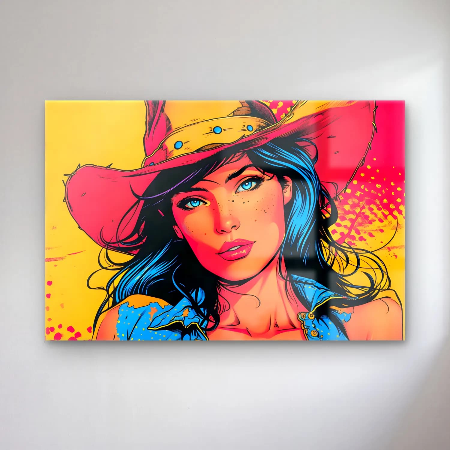 Pop Art Şapkalı Kadın – Mavi Tonlar cam tablo — Pop Art Şapkalı Kadın – Mavi Tonlar — pop art şapkalı kadın