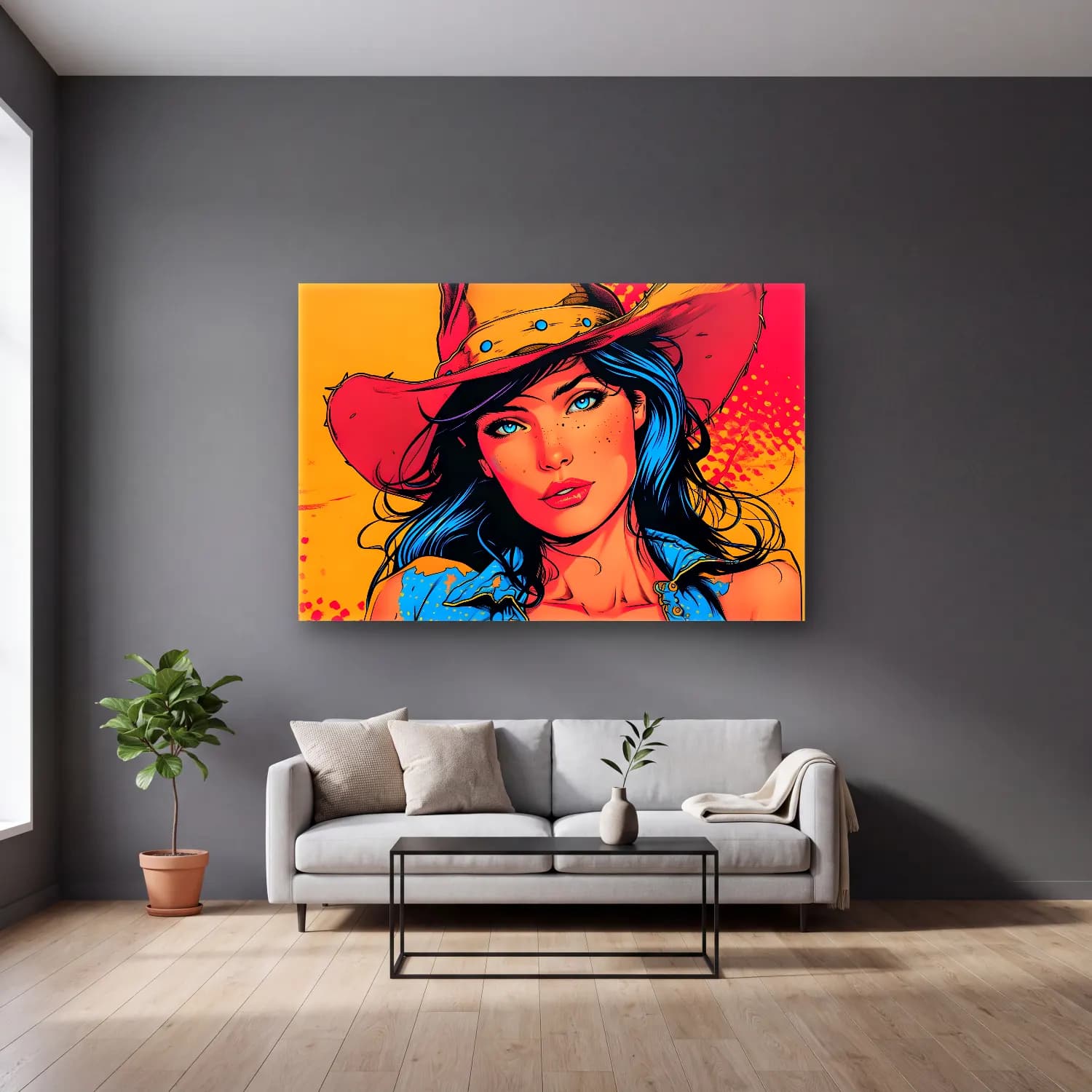Pop Art Şapkalı Kadın – Mavi Tonlar cam tablo — gri duvarlı salonda