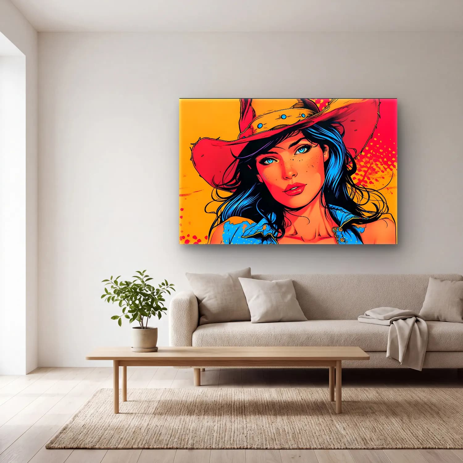 Pop Art Şapkalı Kadın – Mavi Tonlar cam tablo — açık renk salonda