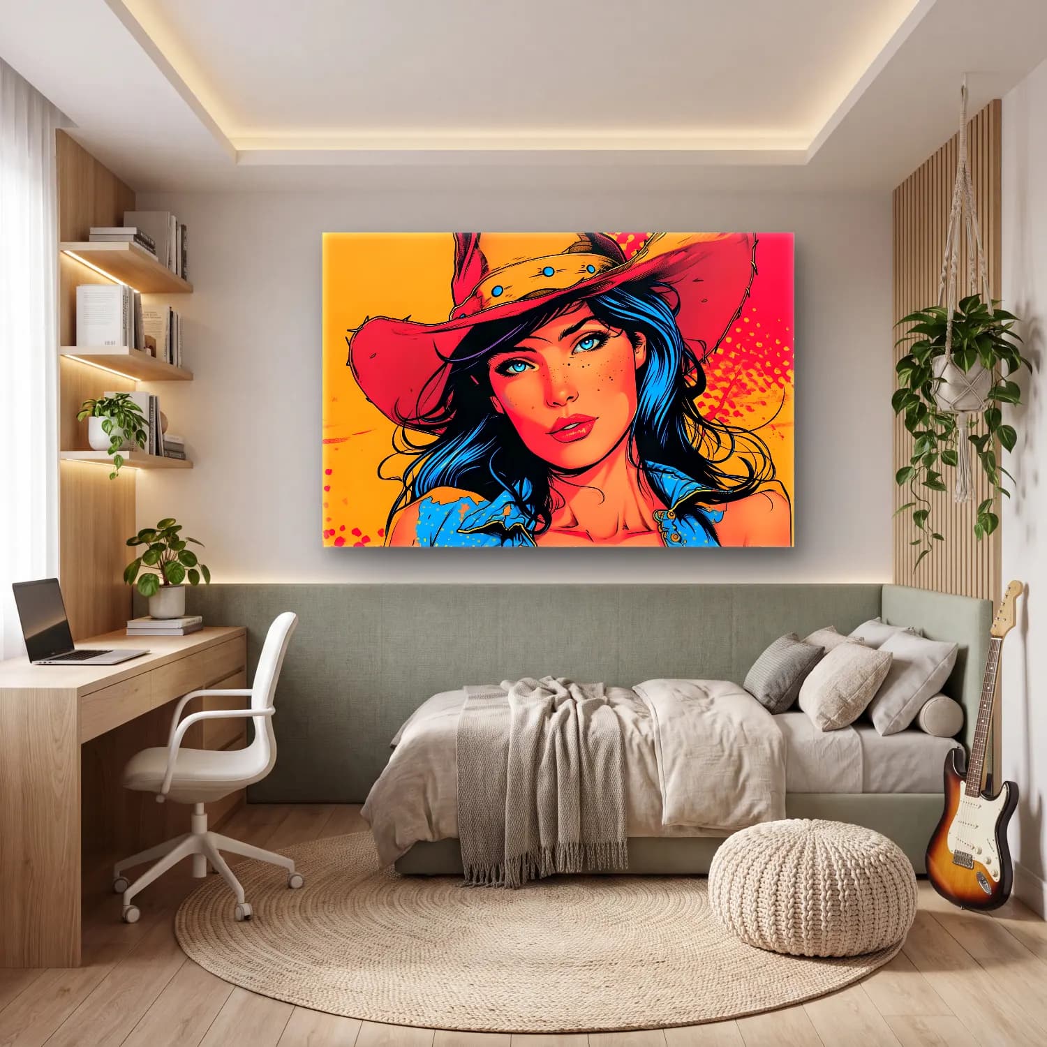 Pop Art Şapkalı Kadın – Mavi Tonlar cam tablo — genç odasında