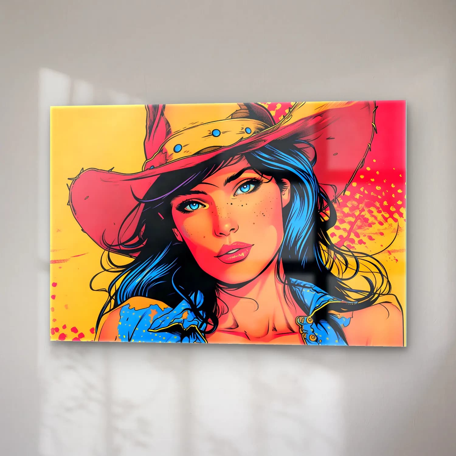 Pop Art Şapkalı Kadın – Mavi Tonlar cam tablo — sağ açıdan görünüm