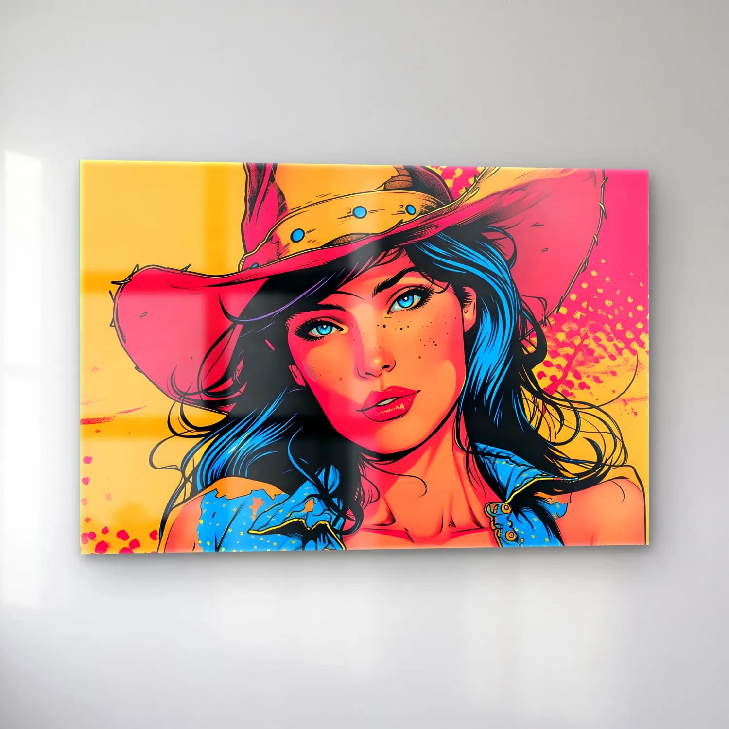 Pop Art Şapkalı Kadın – Mavi Tonlar cam tablo — sol açıdan görünüm
