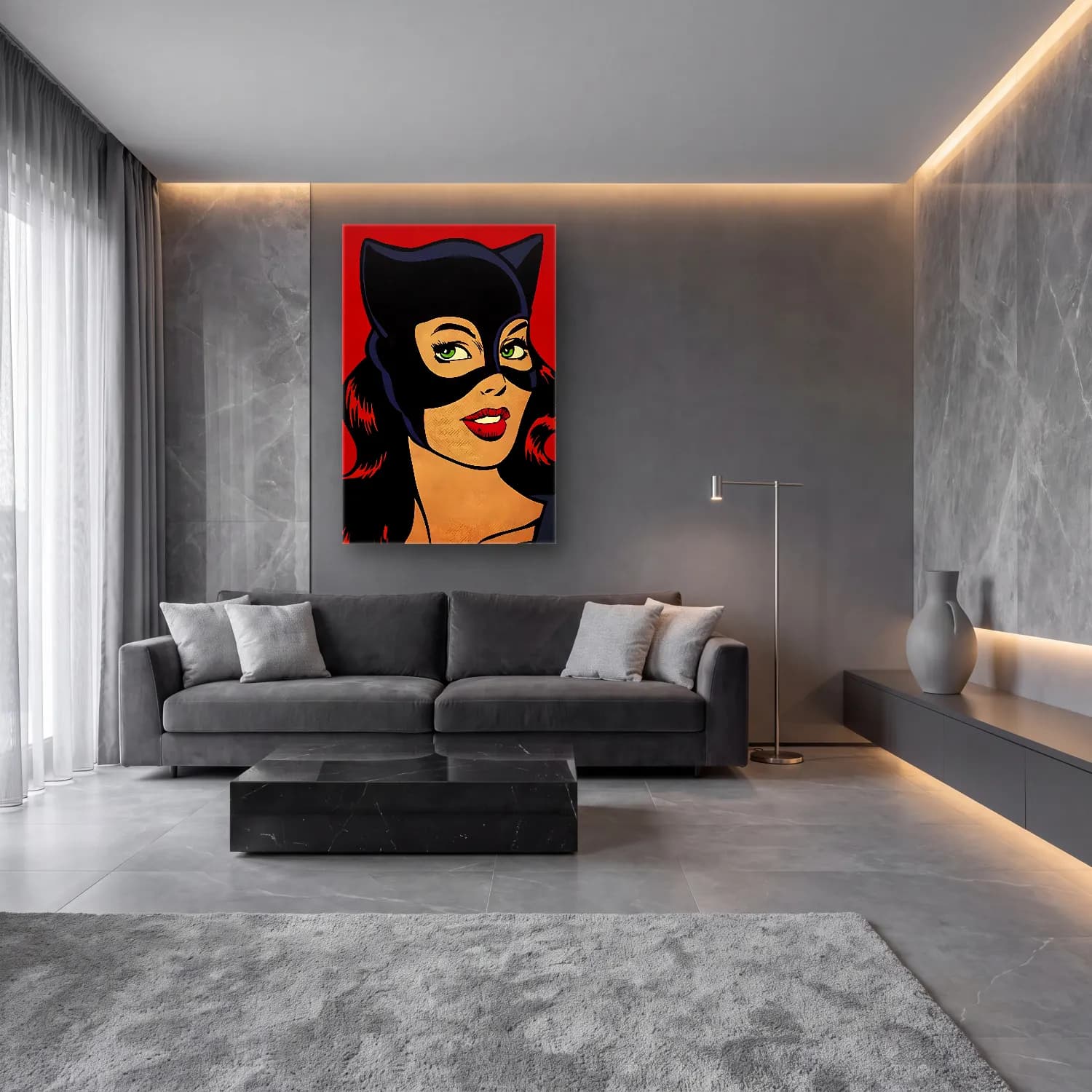 Pop Art Kadın Portresi No. 41 cam tablo — lüks salon duvarında