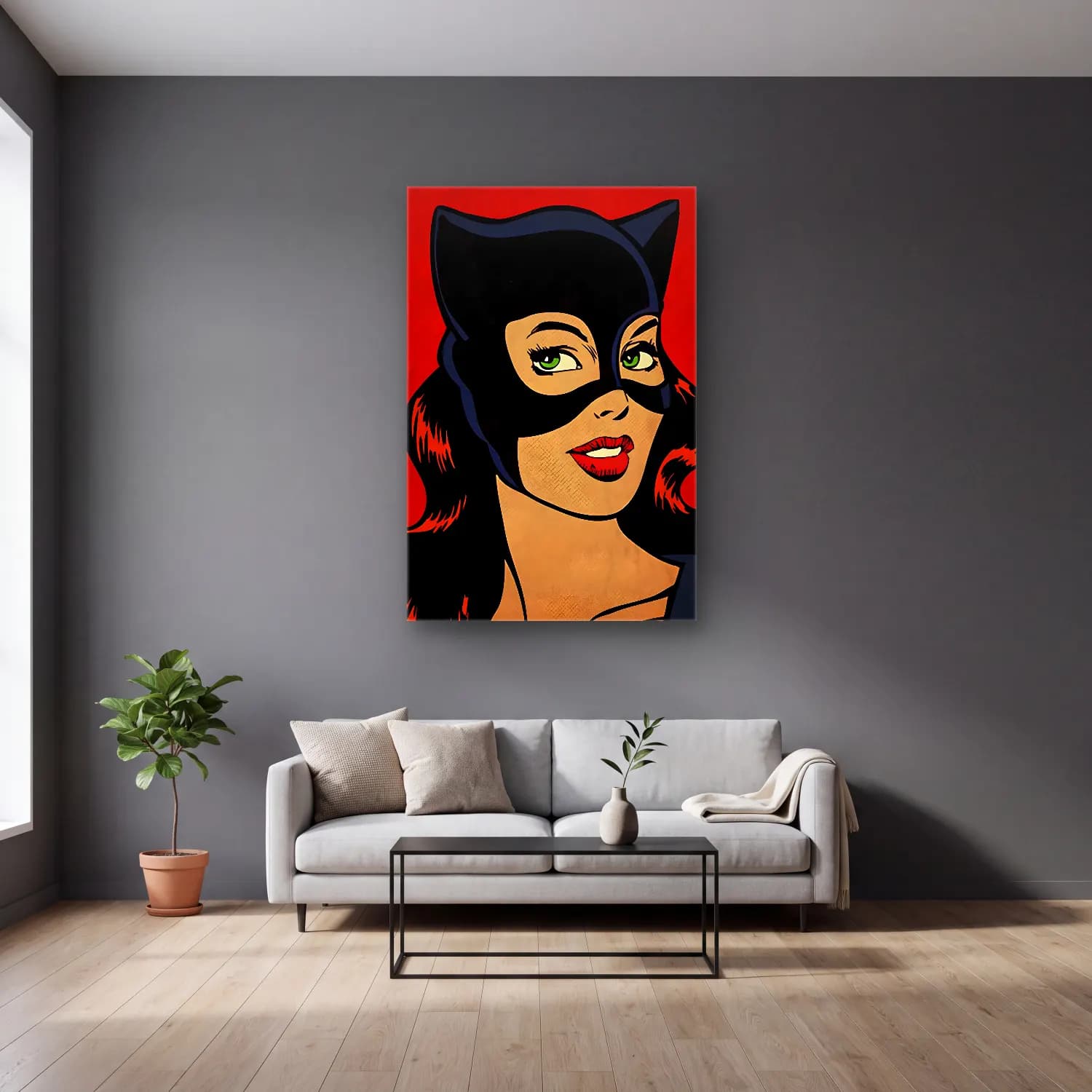 Pop Art Kadın Portresi No. 41 cam tablo — gri duvarlı salonda