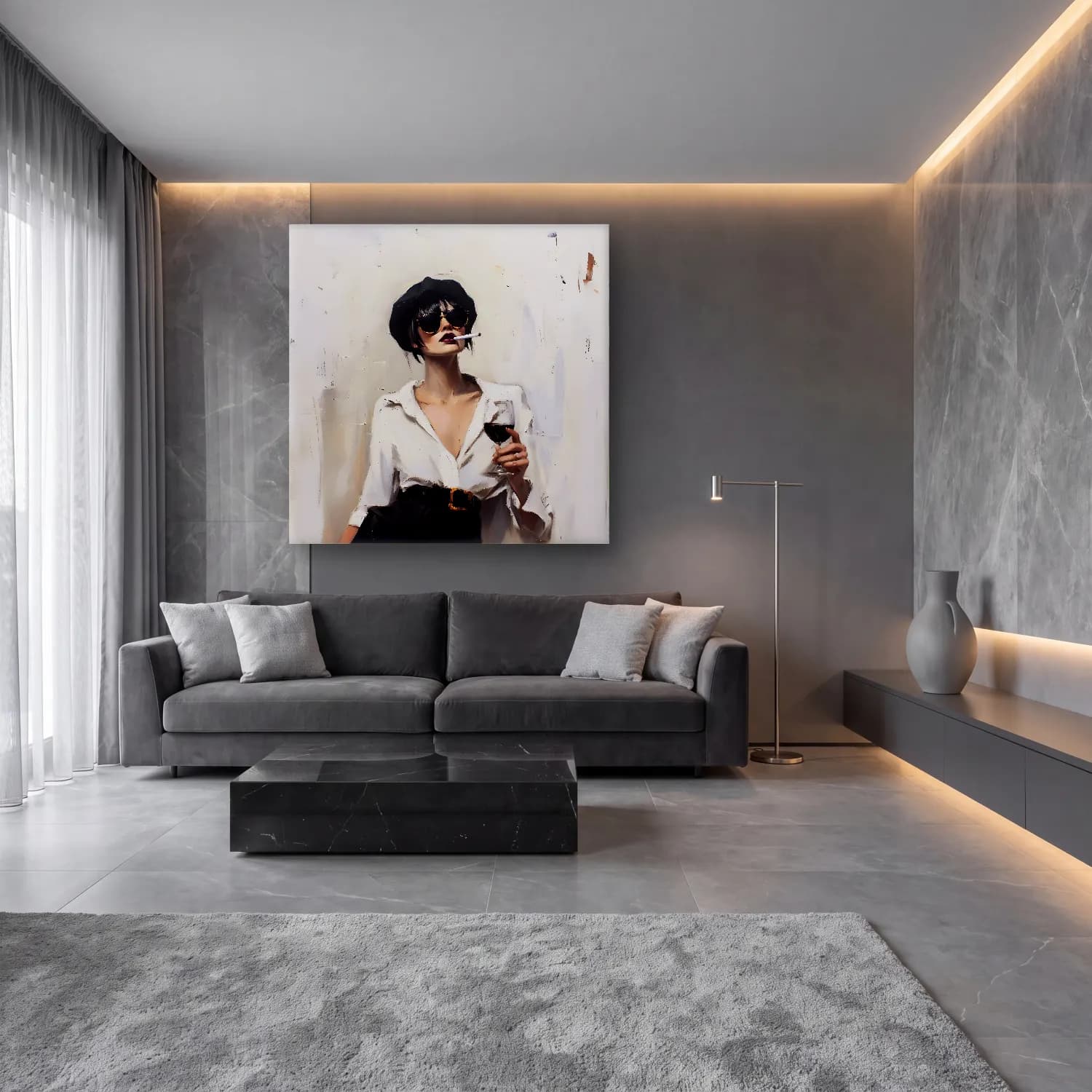 Yağlı Boya Moda İllüstrasyonu – Siyah Beyaz Tonlar cam tablo — lüks salon duvarında
