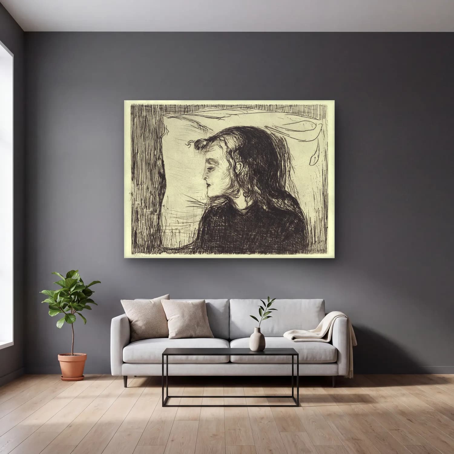 Edvard Munch – The Sick Girl cam tablo — gri duvarlı salonda
