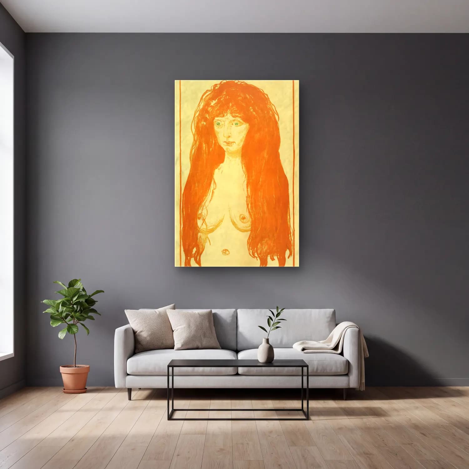 Edvard Munch – The Sin, Woman with Red Hair and Green Eyes cam tablo — gri duvarlı salonda