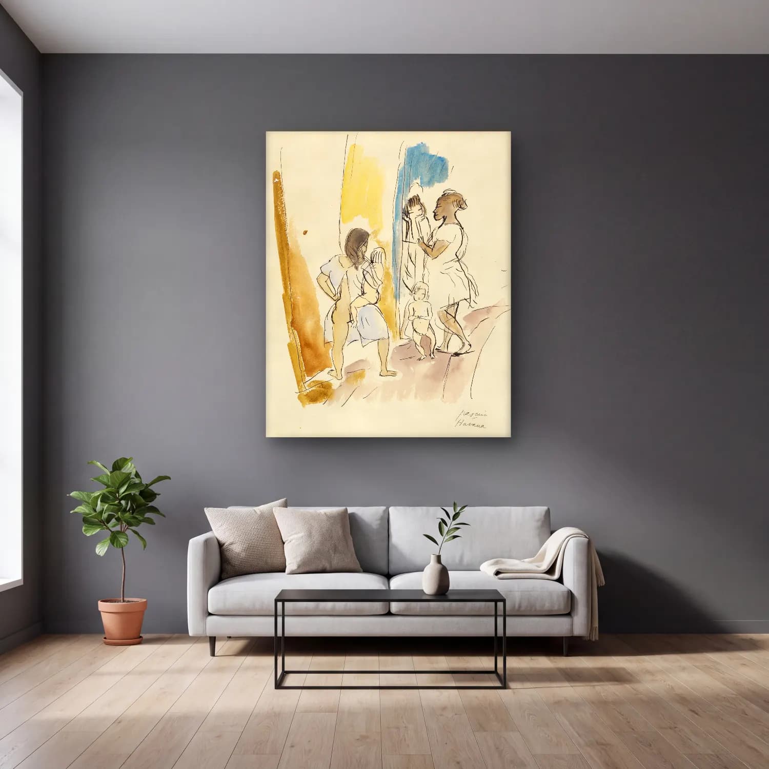 Jules Pascin – Three Women and Two Children, Havana cam tablo — gri duvarlı salonda