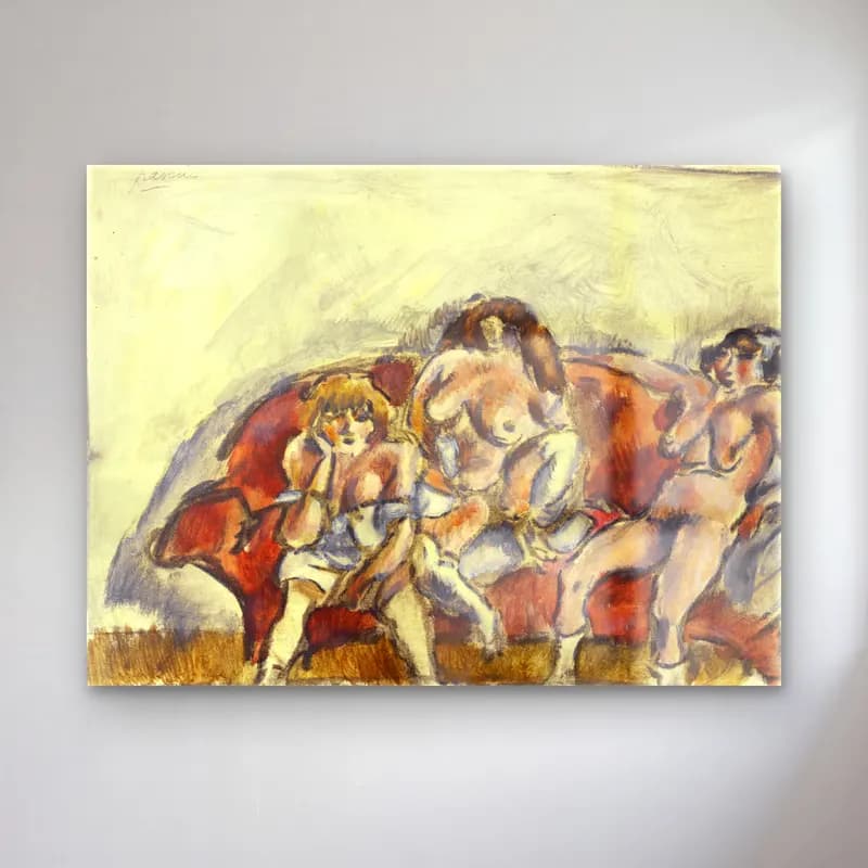 Jules Pascin – Three Women on a Red Sofa cam tablo — Jules Pascin – Three Women on a Red Sofa — suluboya figür çalışması