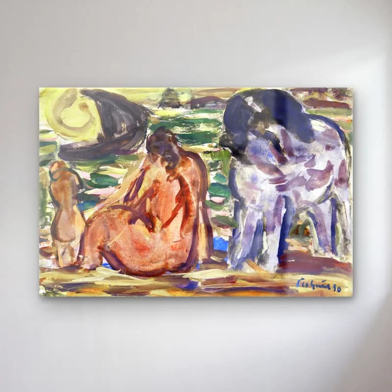 Leo Gestel – Twee naakte figuren en een paard aan de zee cam tablo — Leo Gestel – Twee naakte figuren en een paard aan de zee — empresyonist sahilde i̇nsanlar