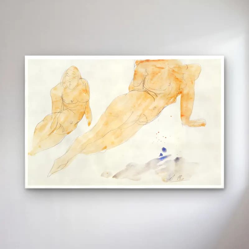 Auguste Rodin – Two Reclining Nudes cam tablo — Auguste Rodin – Two Reclining Nudes — suluboya figür çalışması