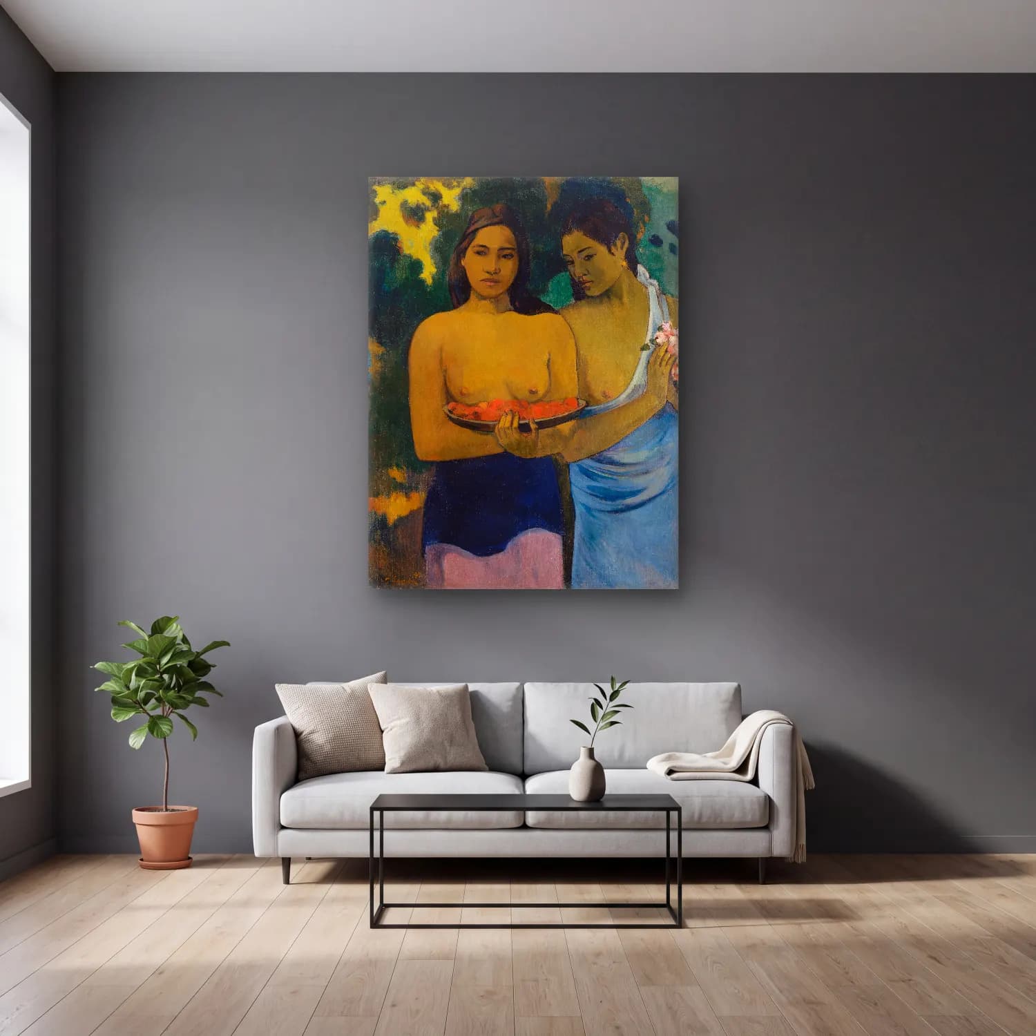 Paul Gauguin – Two Tahitian Women cam tablo — gri duvarlı salonda