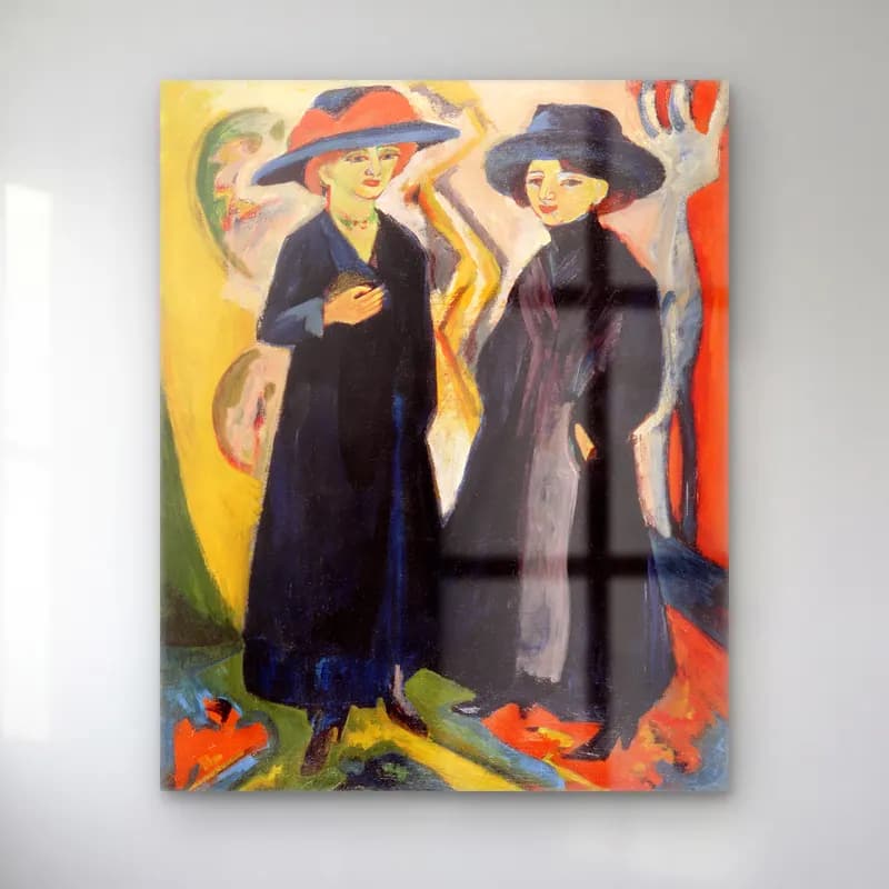 Ludwig Kirchner – Two Women Ernst – Mavi Tonlar cam tablo — Ludwig Kirchner – Two Women Ernst – Mavi Tonlar — empresyonist şapkalı kadın