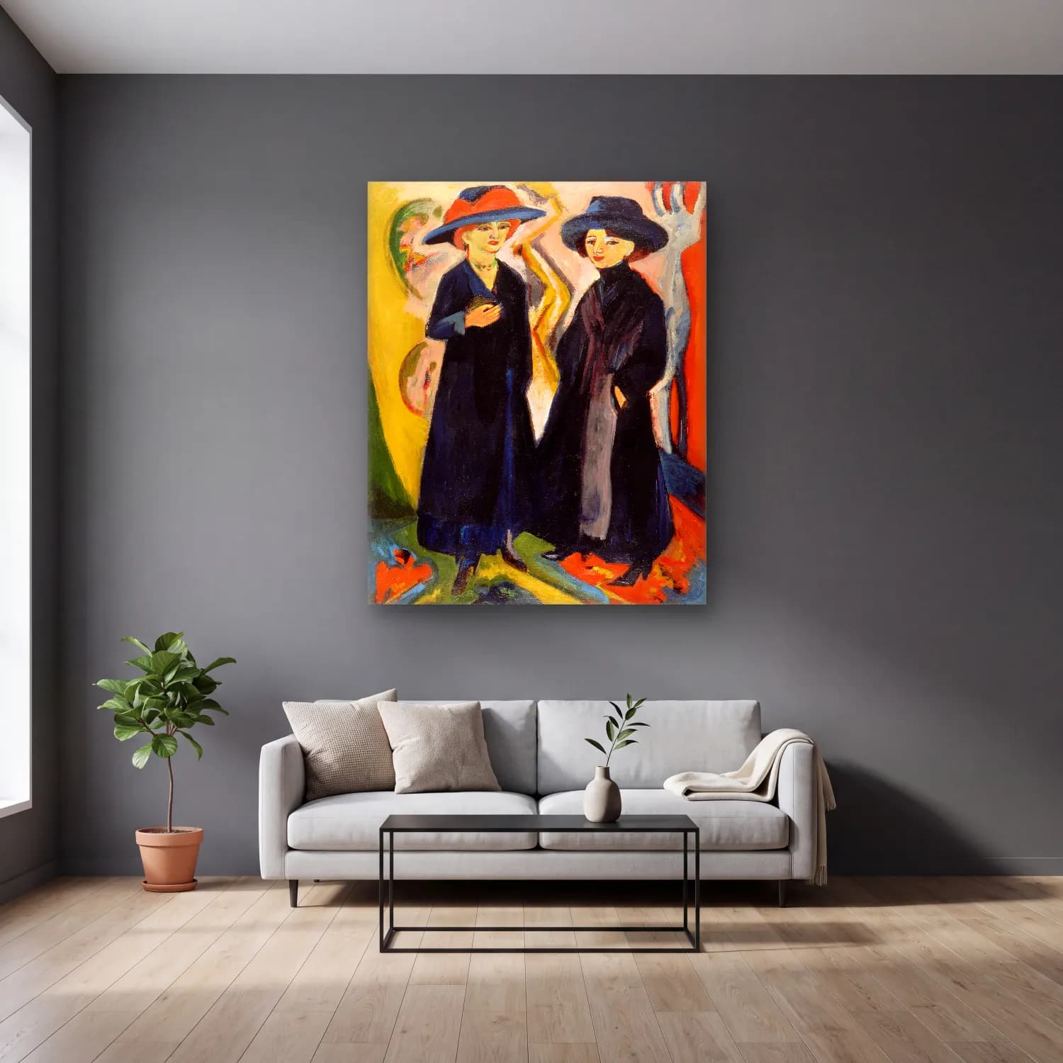 Ludwig Kirchner – Two Women Ernst – Mavi Tonlar cam tablo — gri duvarlı salonda