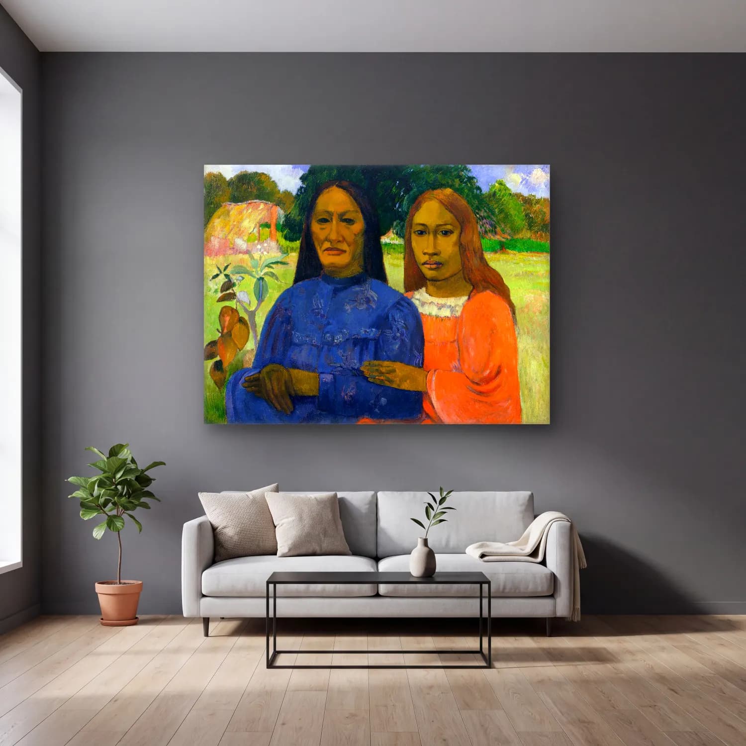 Paul Gauguin – Two Women (ca. 1901–1902) cam tablo — gri duvarlı salonda