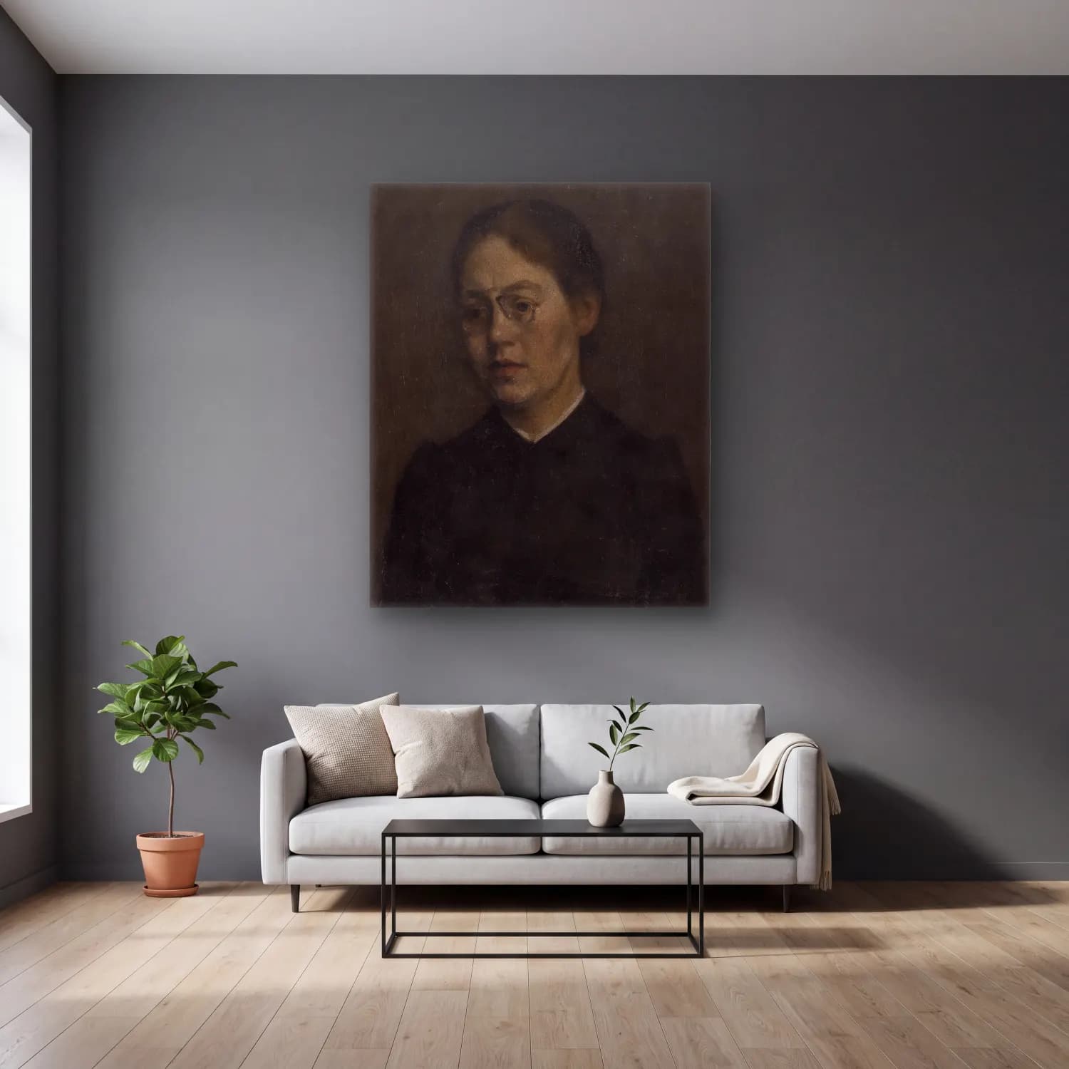 Vilhelm Hammershøi – Unknown cam tablo — gri duvarlı salonda