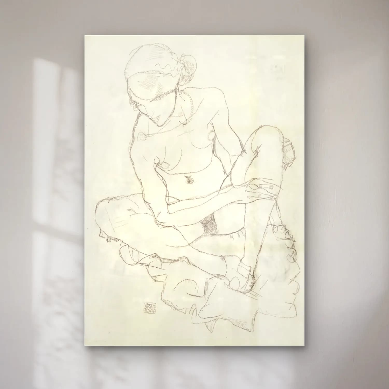 Egon Schiele – Untitled cam tablo — Egon Schiele – Untitled — karakalem figür çalışması