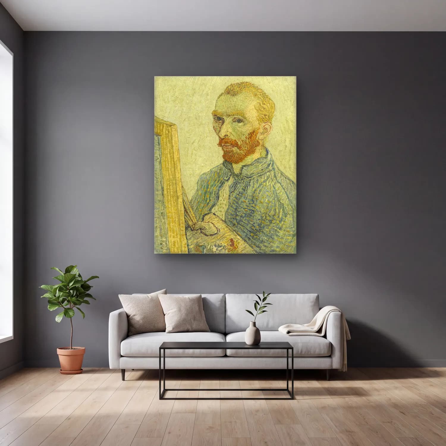 Empresyonist Erkek Portresi No. 24 cam tablo — gri duvarlı salonda