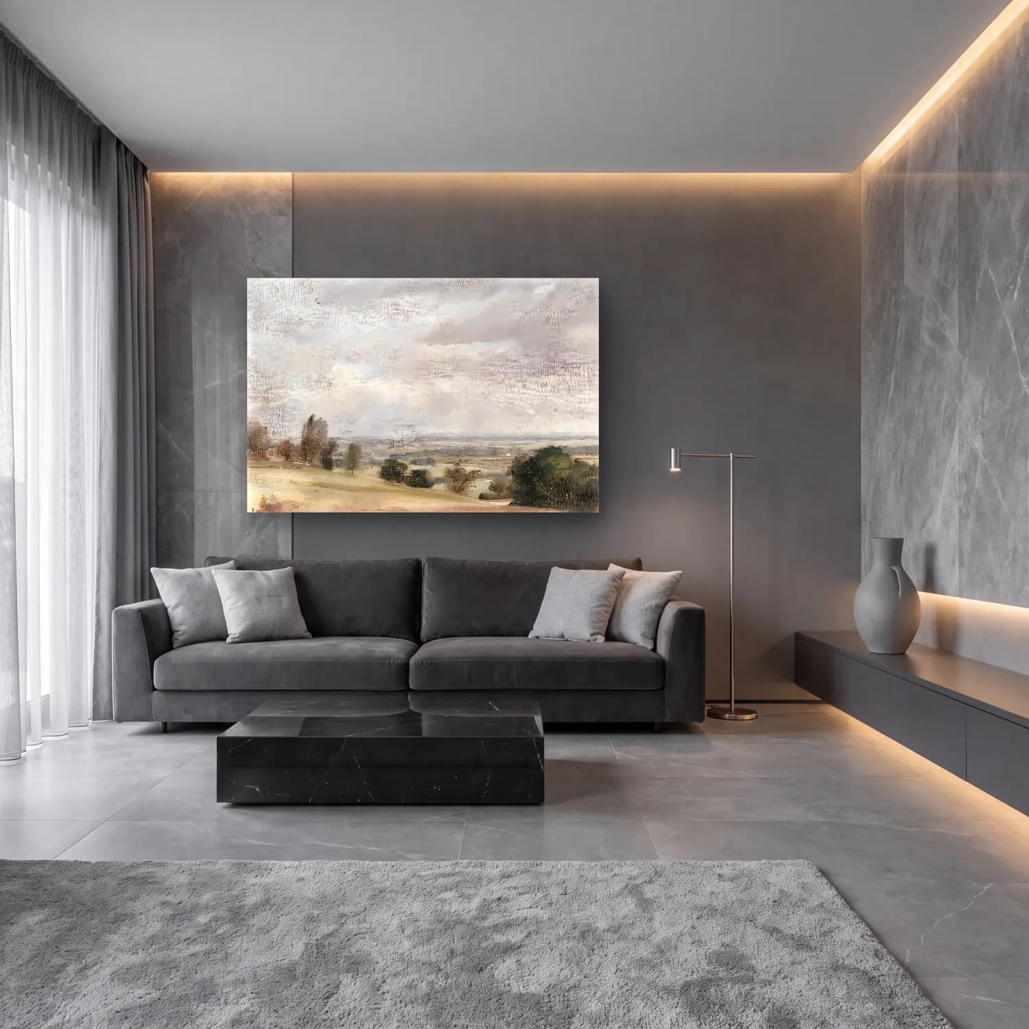 Yağlı Boya Kır Evi No. 52 cam tablo — lüks salon duvarında