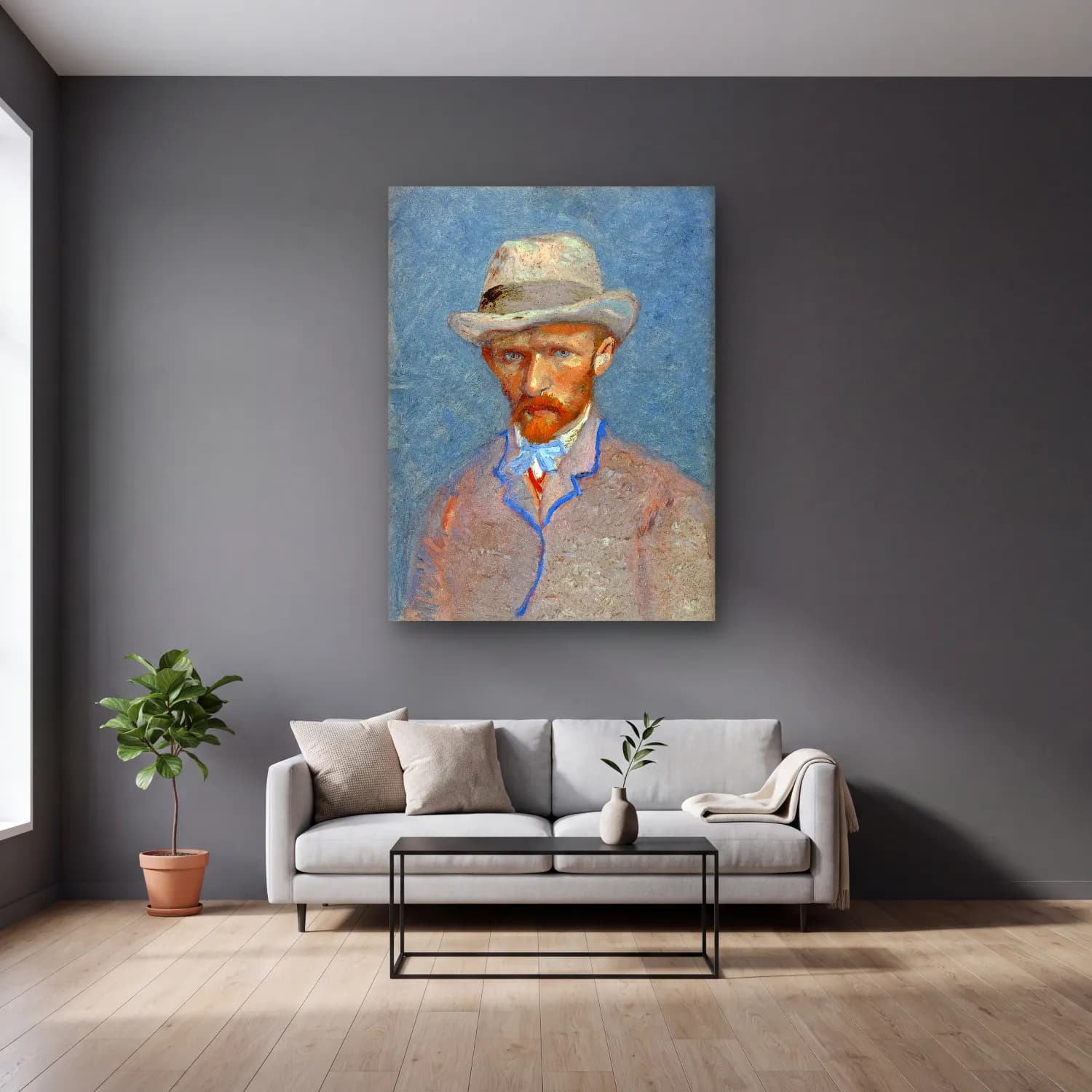 Empresyonist Erkek Portresi No. 26 cam tablo — gri duvarlı salonda