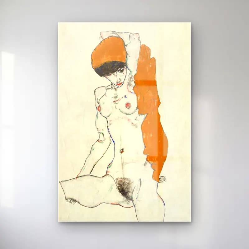 Egon Schiele – Vulgar naked woman. Standing Nude with Orange Drapery cam tablo — Egon Schiele – Vulgar naked woman. Standing Nude with Orange Drapery — vintage figür çalışması