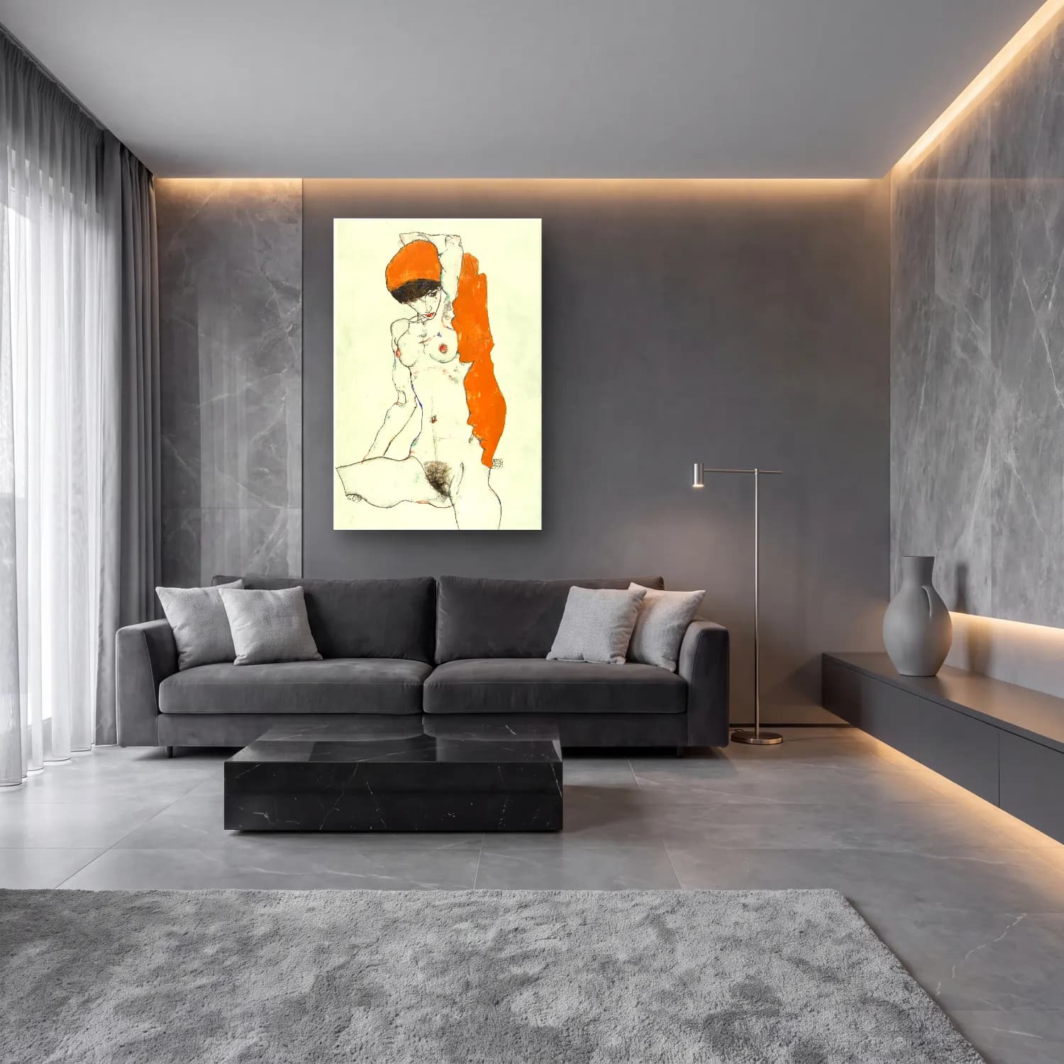 Egon Schiele – Vulgar naked woman. Standing Nude with Orange Drapery cam tablo — lüks salon duvarında
