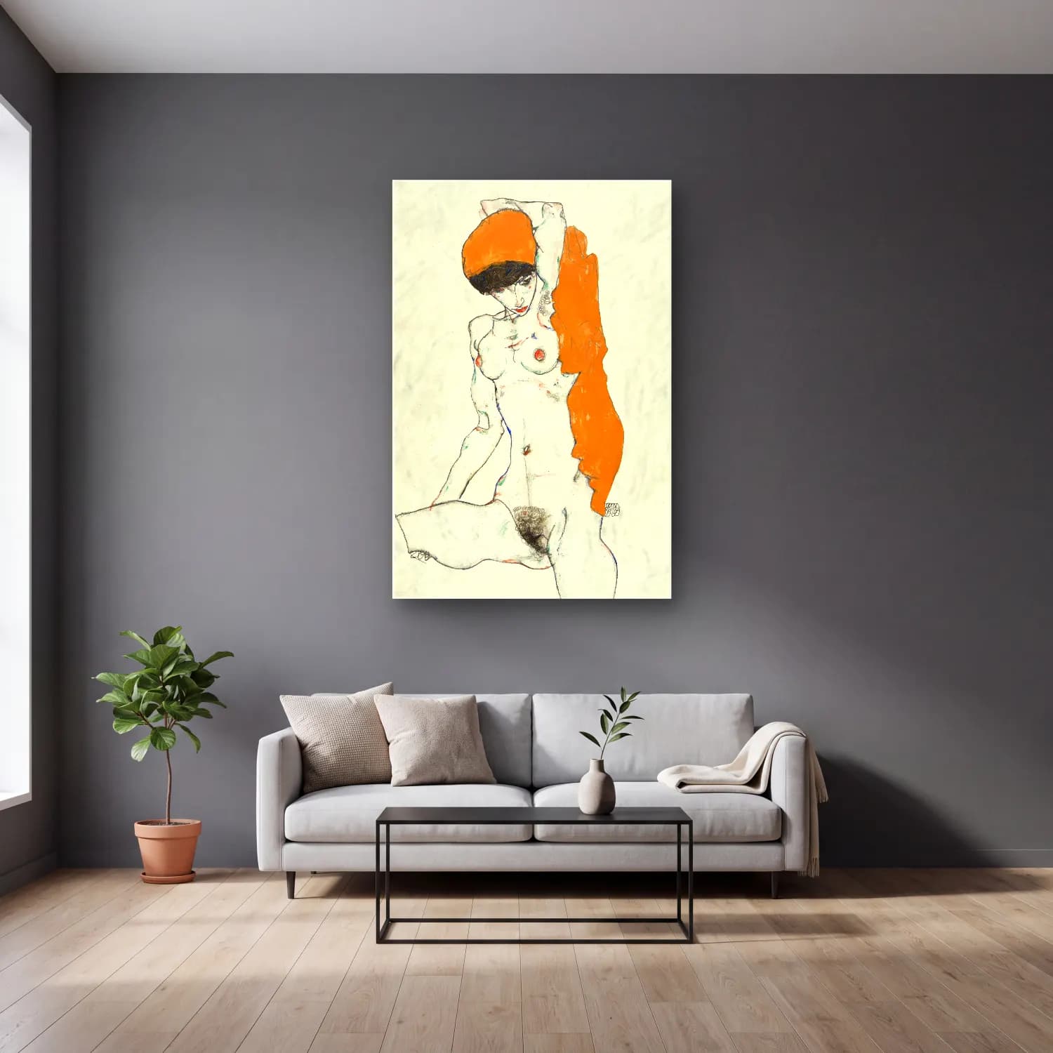 Egon Schiele – Vulgar naked woman. Standing Nude with Orange Drapery cam tablo — gri duvarlı salonda
