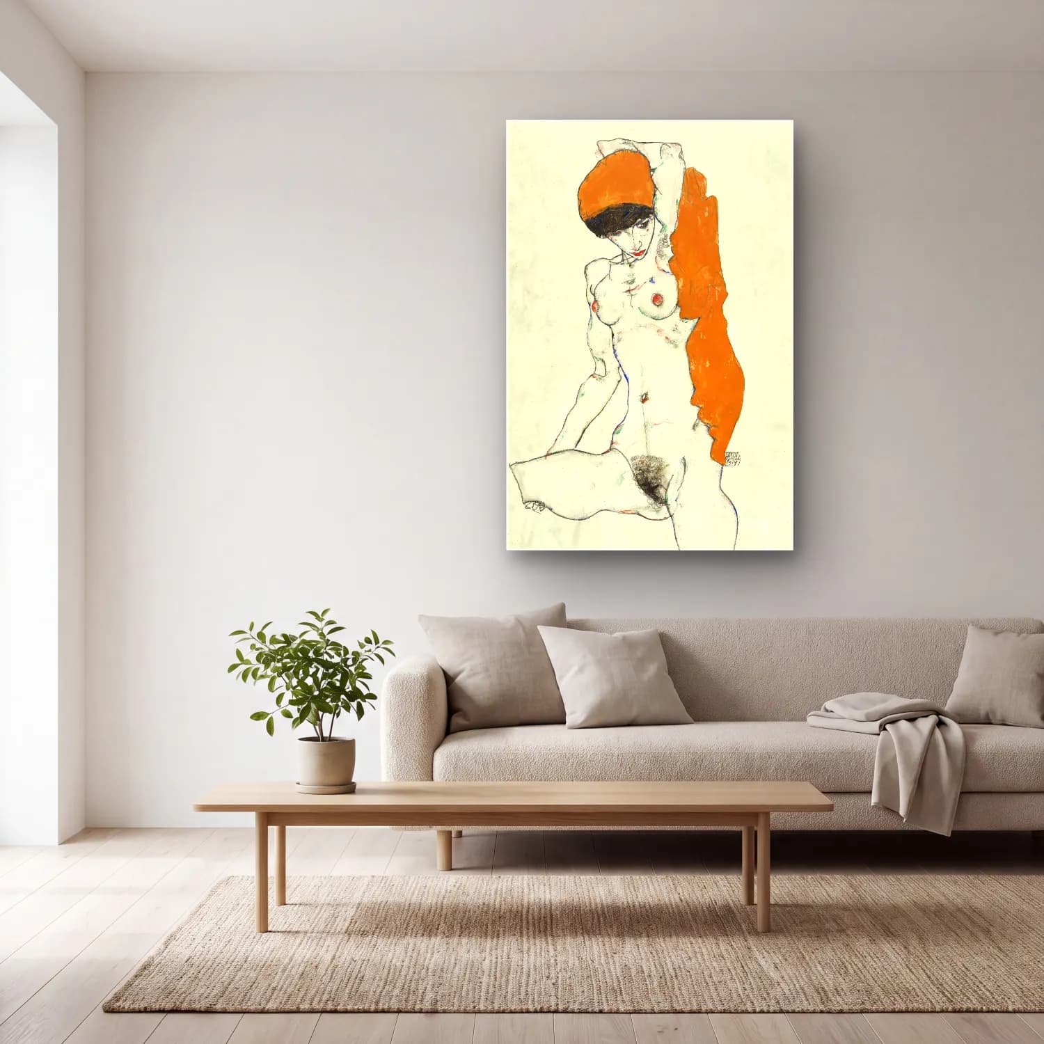 Egon Schiele – Vulgar naked woman. Standing Nude with Orange Drapery cam tablo — açık renk salonda