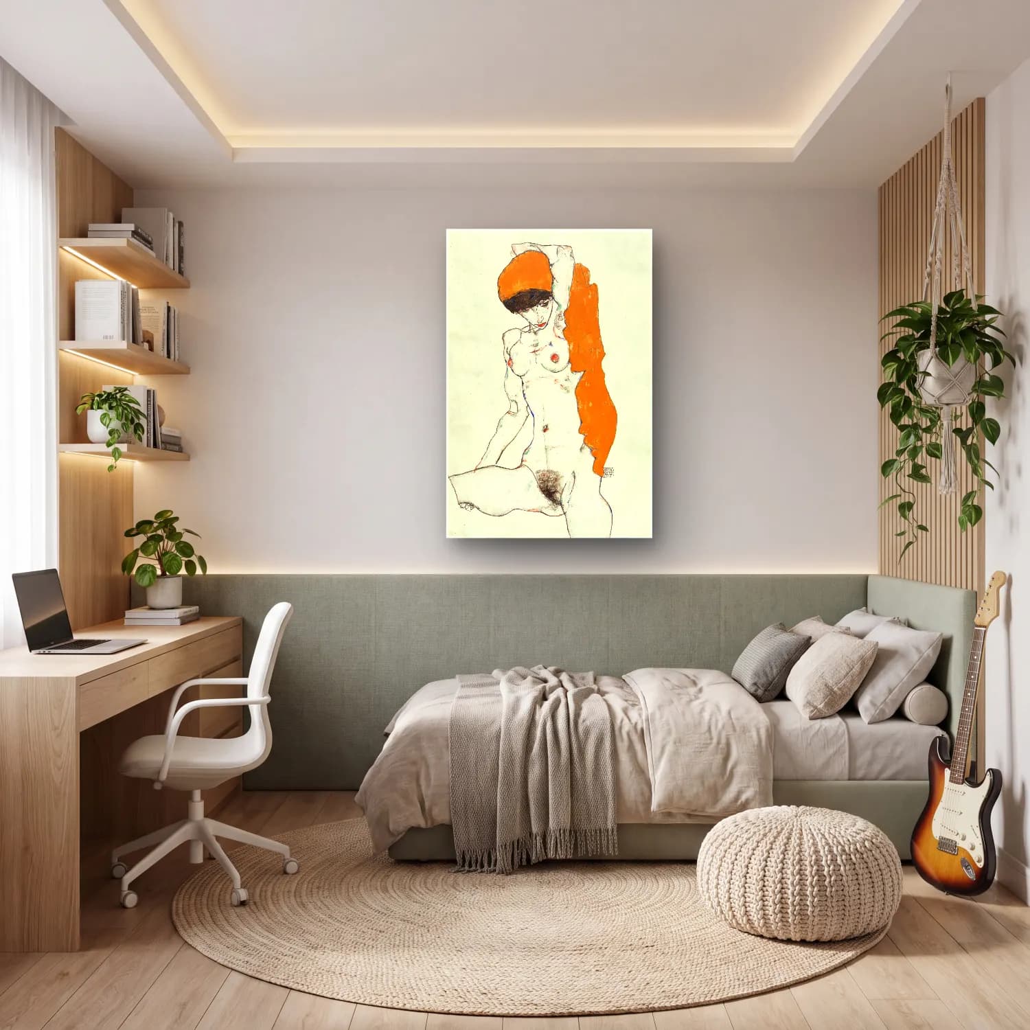Egon Schiele – Vulgar naked woman. Standing Nude with Orange Drapery cam tablo — genç odasında