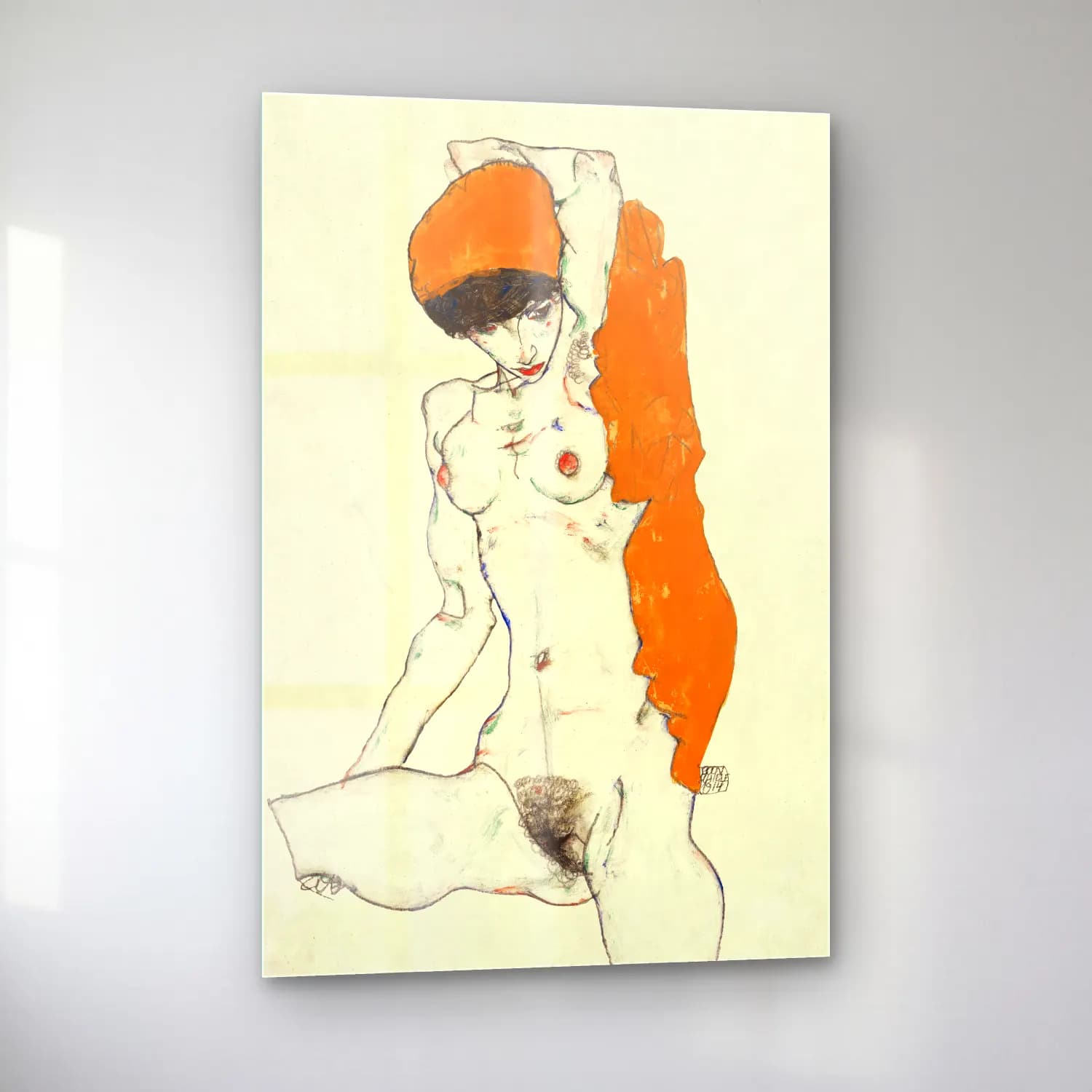 Egon Schiele – Vulgar naked woman. Standing Nude with Orange Drapery cam tablo — sol açıdan görünüm