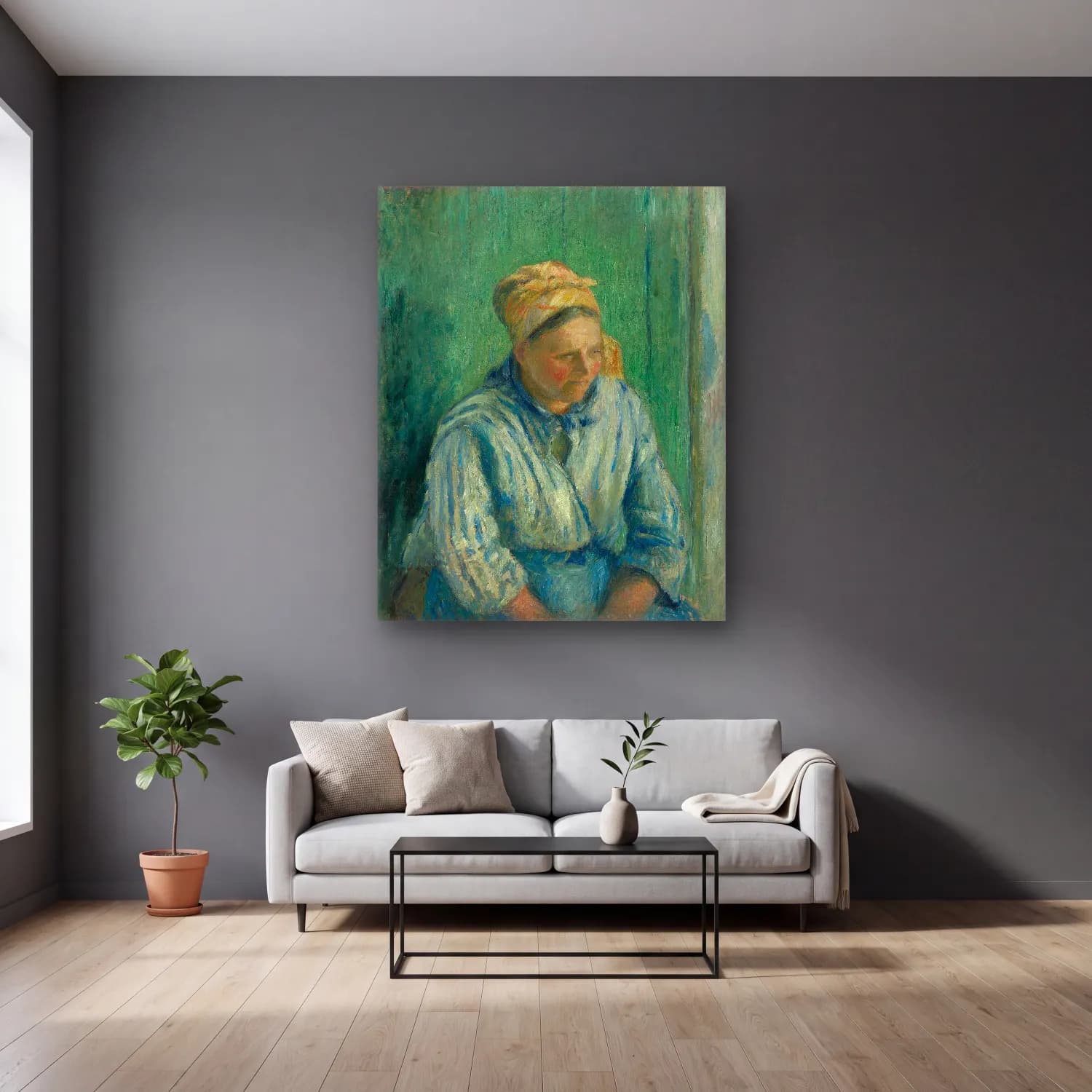 Camille Pissarro – Washerwoman, Study cam tablo — gri duvarlı salonda