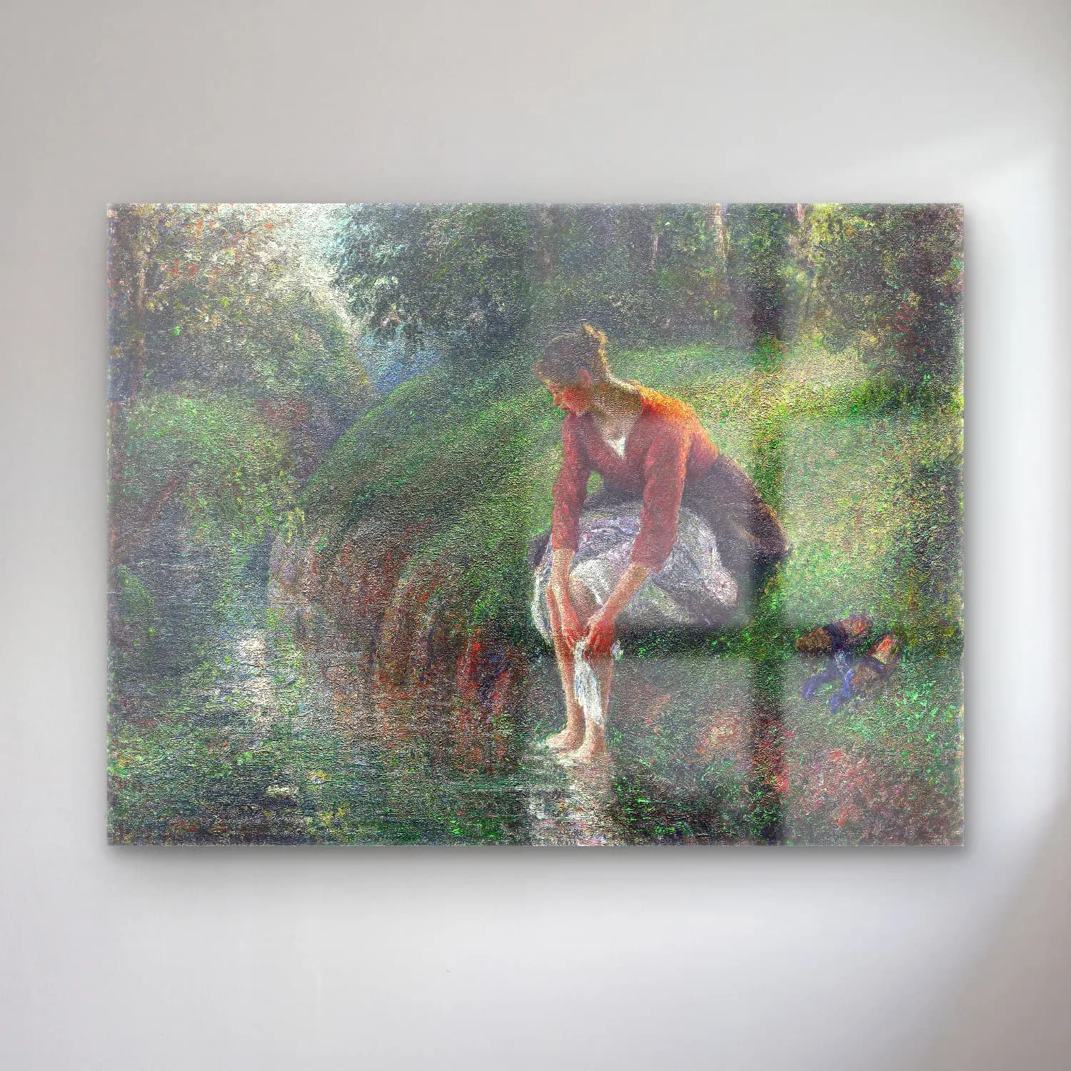 Camille Pissarro – Woman Bathing Her Feet in a Brook – Pastel Tonlar cam tablo — Camille Pissarro – Woman Bathing Her Feet in a Brook – Pastel Tonlar — empresyonist kırda nehir